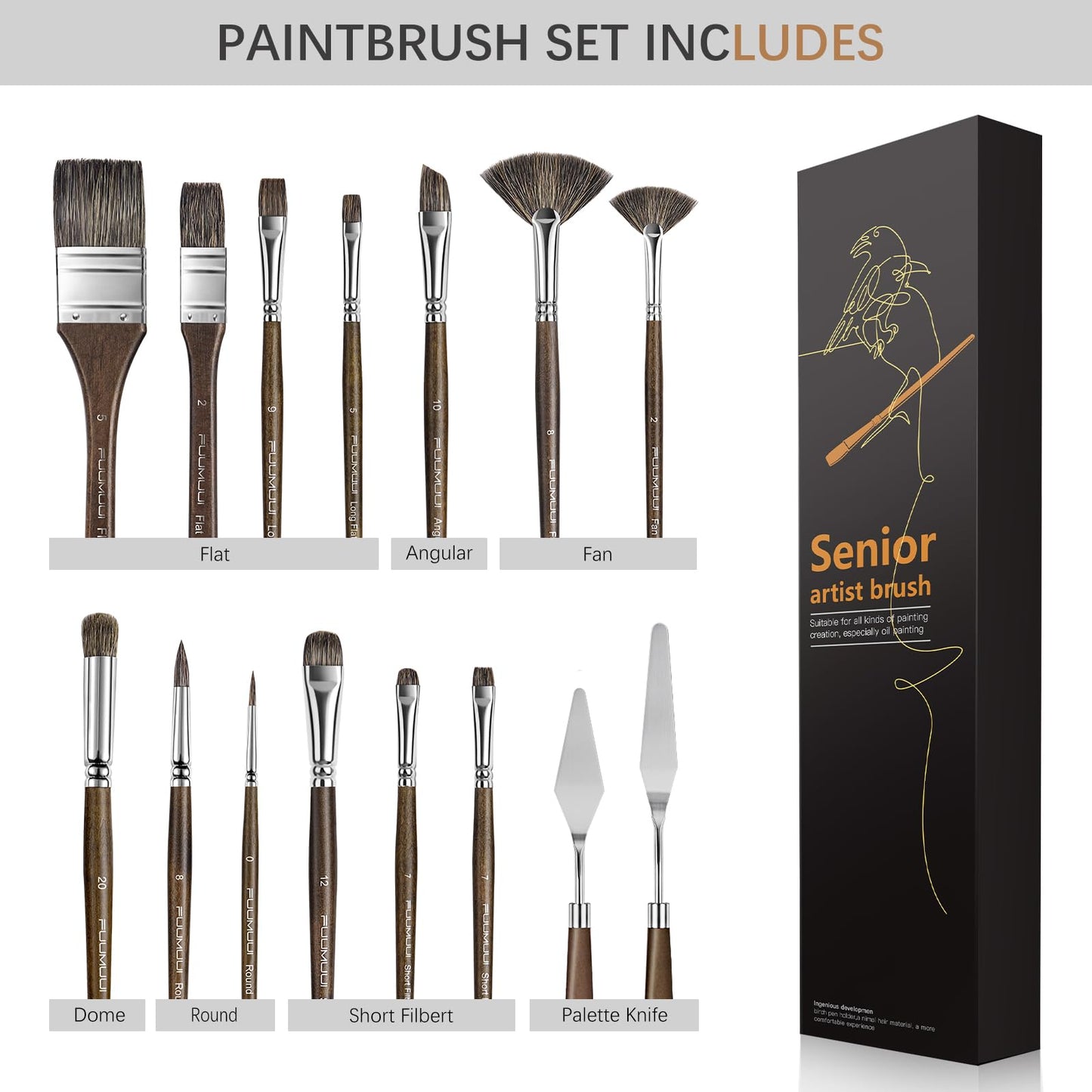 Oil Paint Brush Set, 15Pcs Fuumuui Professional Paint Blending Brushes Natural Badger Bristle with Flat, Fan, Angle, Round, Filbert for Acrylic Oil Painting with 2pc Palette Knife