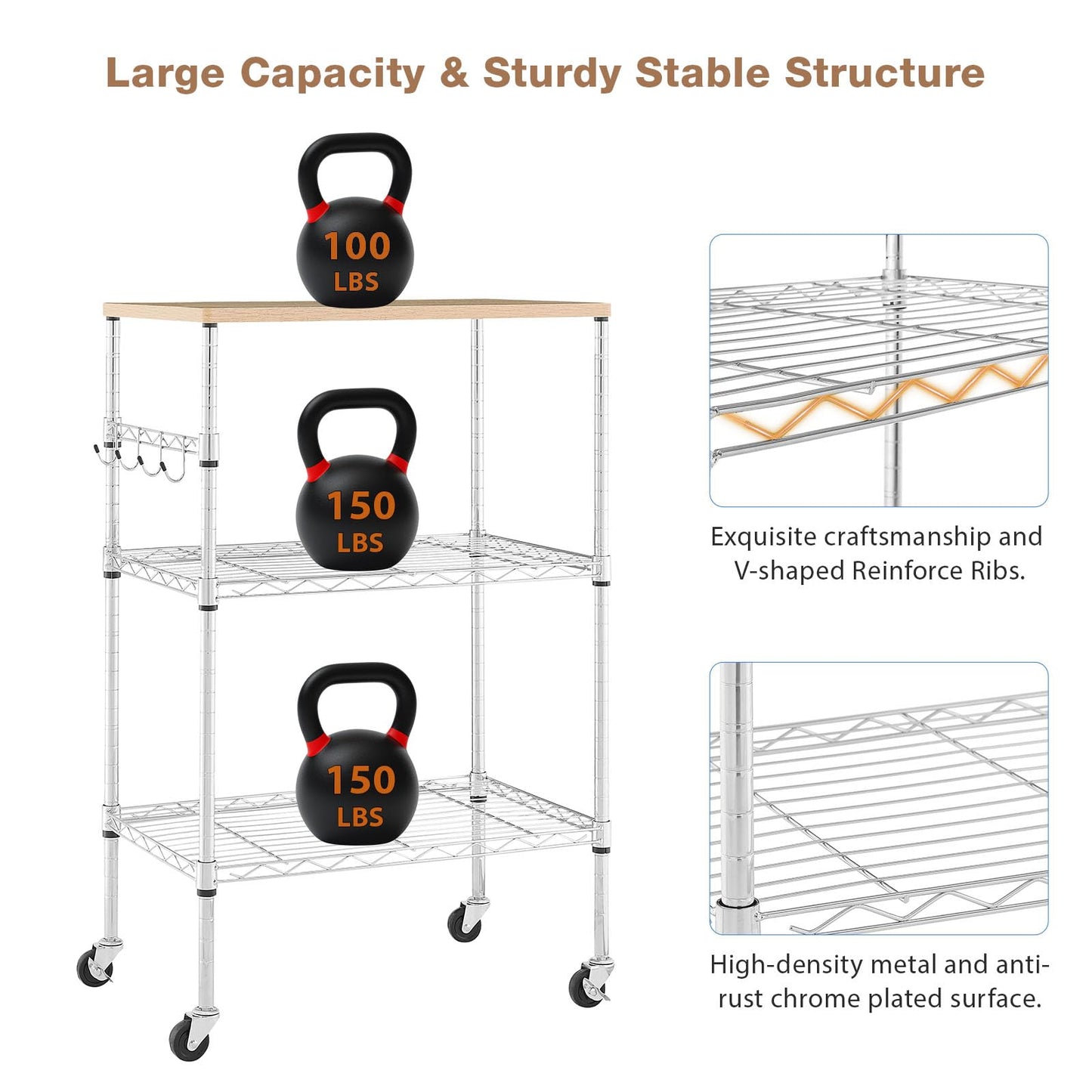 BolDuck 450Lbs Capacity Microwave Cart with Wheels, 3 Tier Rolling Cart with Adjustable Shelves, Multifunctional Metal Utility Storage Kitchen Carts on Wheels, 23.6" L*15.7" W*37" H, Wood+Chrome