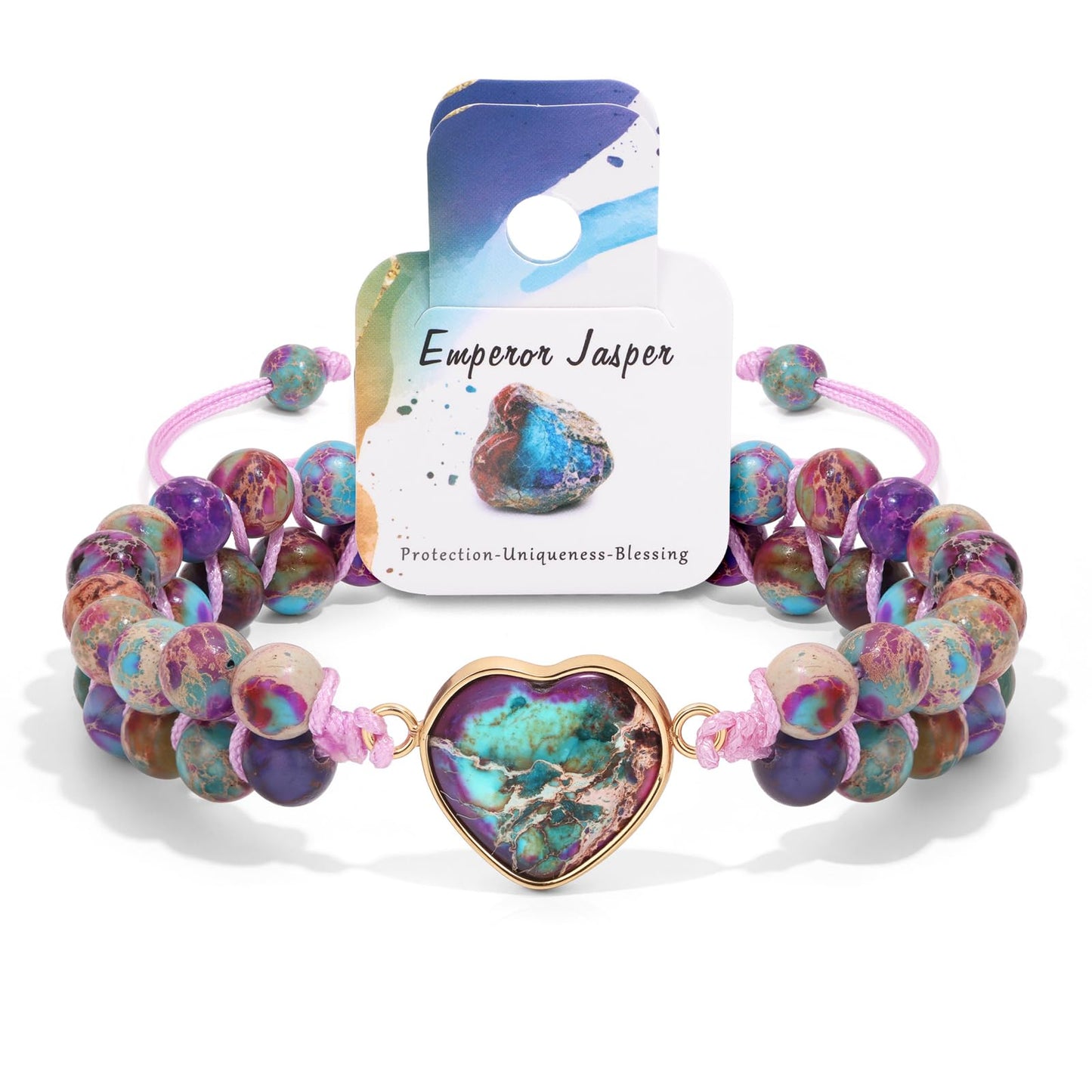 Bolinailo Natural Stone Bracelets for Women Crystal Beaded Bracelets Jasper Heart Adjustable Bracelet Imperial Stone Healing Crystal Jewelry Mothers Day Christmas Graduation Gifts for Women Men
