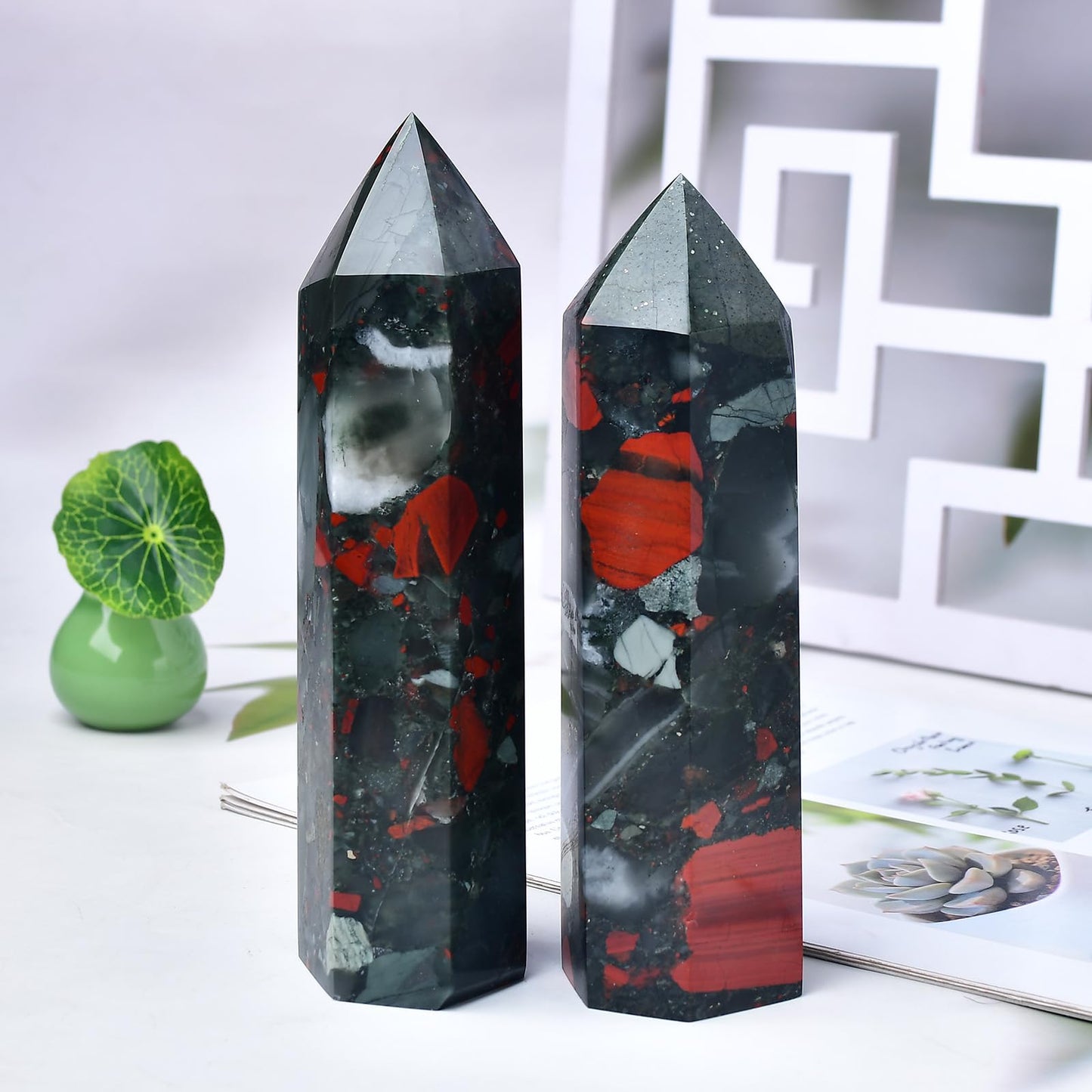 FZBHRO Large Crystal Towers Africa Blood Stone 6 Faceted Quartz Point Obelisk Red Healing Crystal Wand 0.8-1.3 Pound