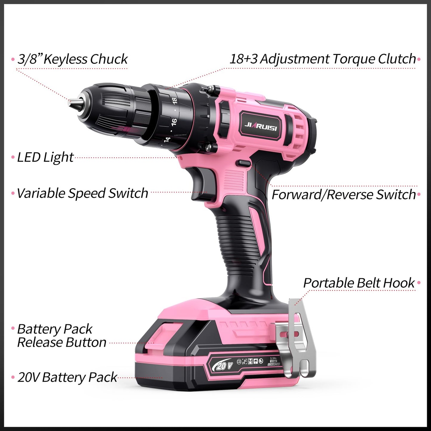 20V Cordless Drill, Electric Power Drill Set with Battery Charger and Carrying Case, 3/8” Keyless Chuck, 2 Variable Speed, 18+3 Torque, 72pcs Driver Bits and Belt Hook, Pink