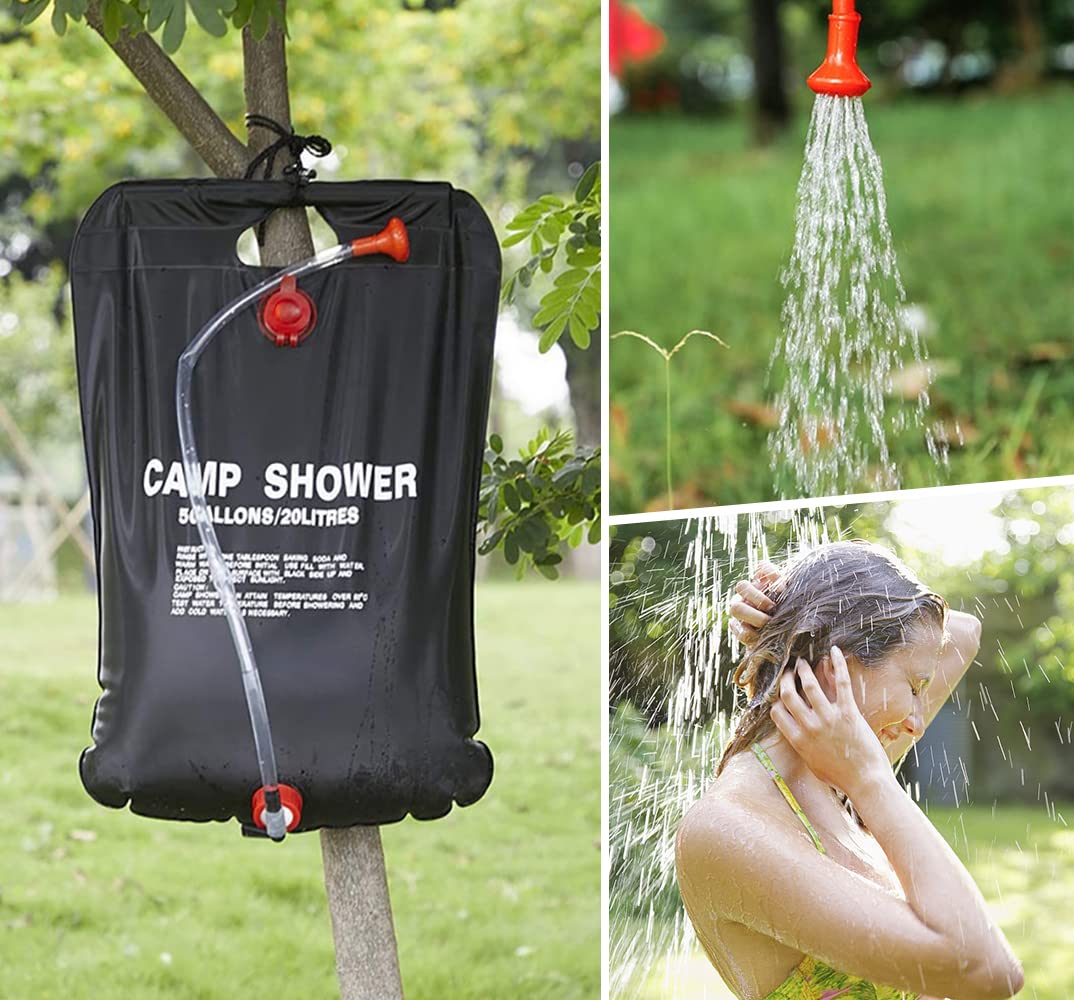 DkOvn 2 Pack Solar Shower Bag, 5 Gallons/20L Camping Shower Bag, Portable Shower Bag with Removable Hose and On-Off Switchable Shower Head for Camping Beach Swimming Outdoor Traveling