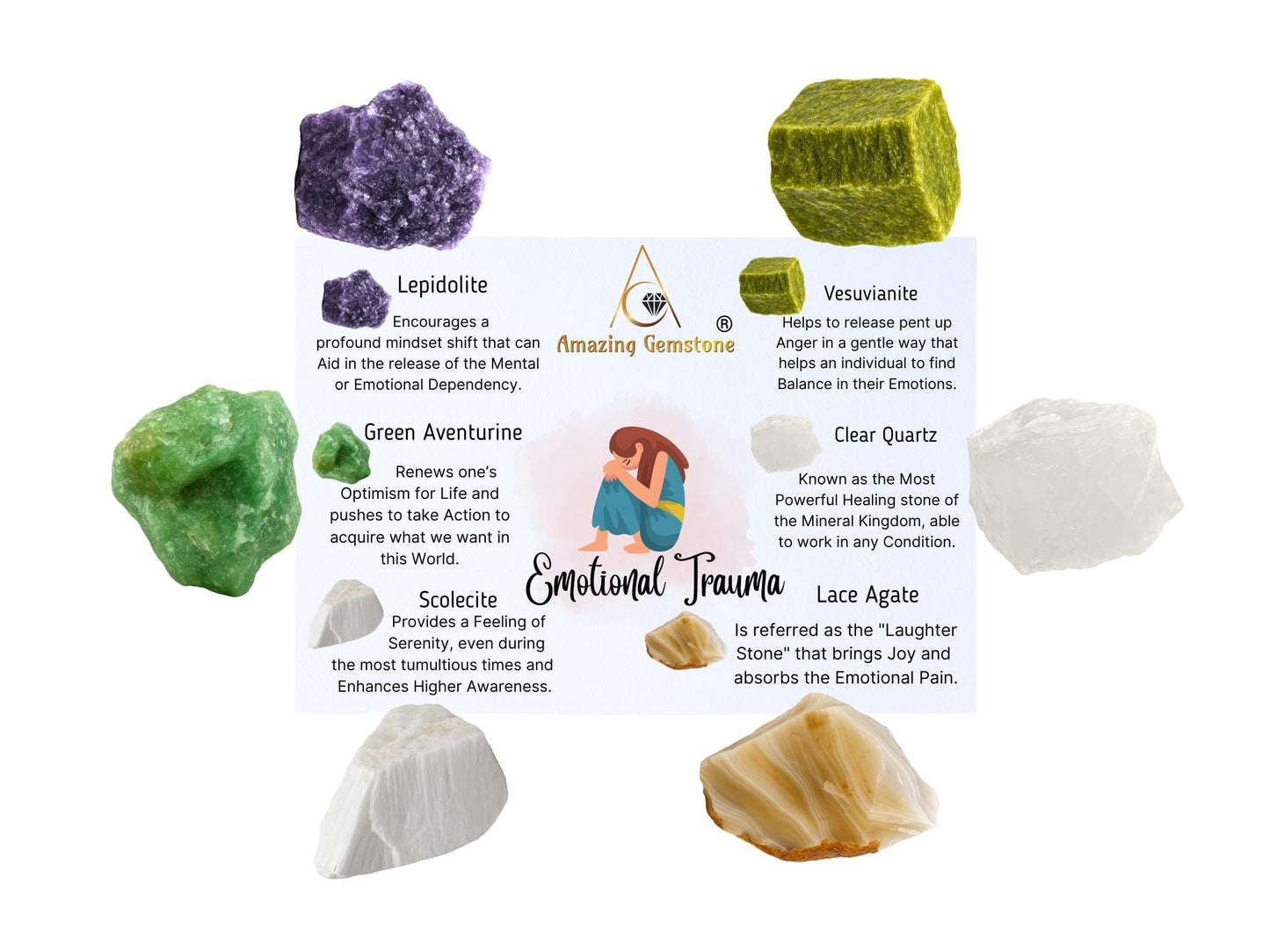 Amazing Gemstone Crystals for Emotional Trauma Manifestation, Set of 6 Lepidolite, Green Aventurine, Scolecite, Vesuvianite, Lace Agate and Clear Quartz Healing Crystals and Stones