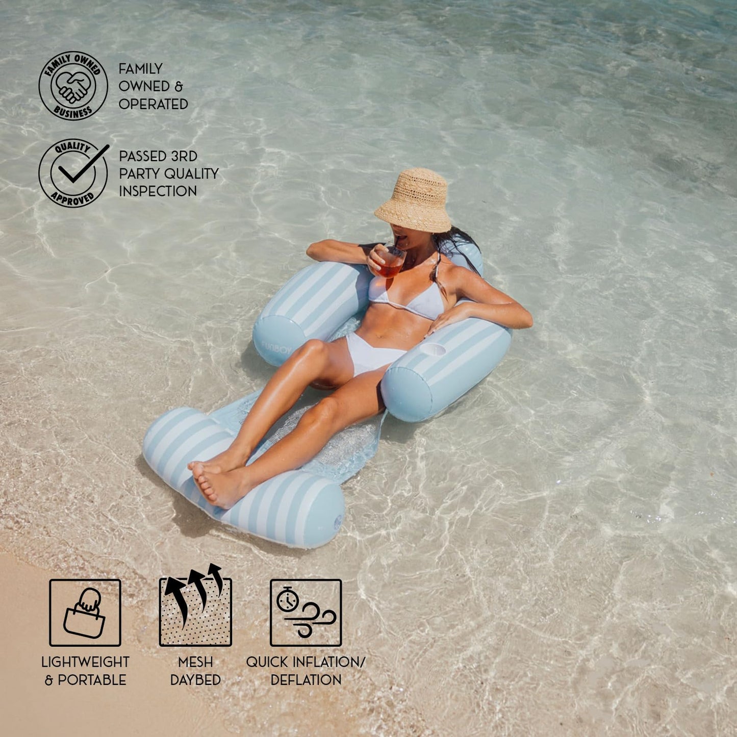 FUNBOY Coastal Stripe Mesh Chair 2-in-1 Water Chair with Cooling Mesh and Water Hammock Inflatable Pool Float.