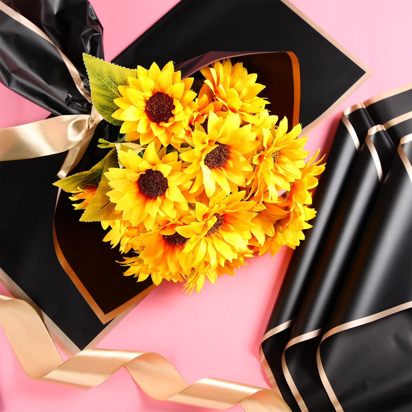 Yahenda 420 Sheets Black Flower Wrapping Papers:23" x 23" Black Flower Bouquets with Gold Edge Korean Style Wrapping Paper for DIY Gifts Craft Floral Supplies Packaging