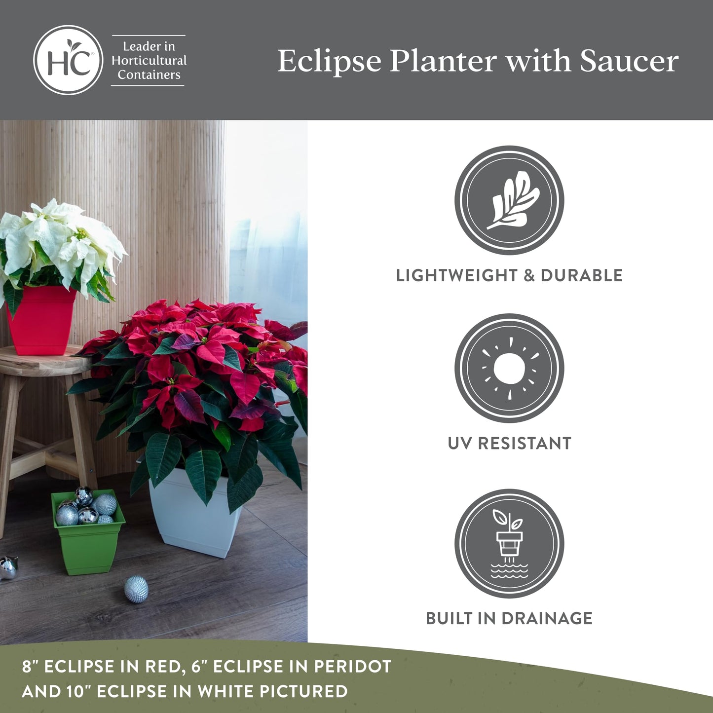 The HC Companies Eclipse Square Plastic Planter w/Attached Saucer - Outdoor & Indoor Plant Pot with Drainage Holes - Lightweight, UV-Resistant Plastic Pots for Plants (6" Peridot Green, Pack of 1)