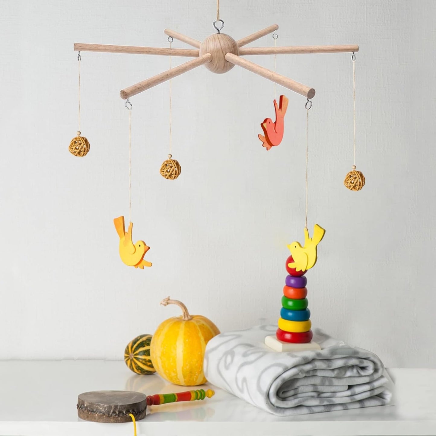 Baby Mobile Kit Frame DIY for Crib Decorative Natural Wooden Wind Chime Equipment Hanger for Infant Boy Girl Home Nursery Creative Craft Wall Balcony Hanging Toy Bell Accessories Bedroom Ceiling Decor
