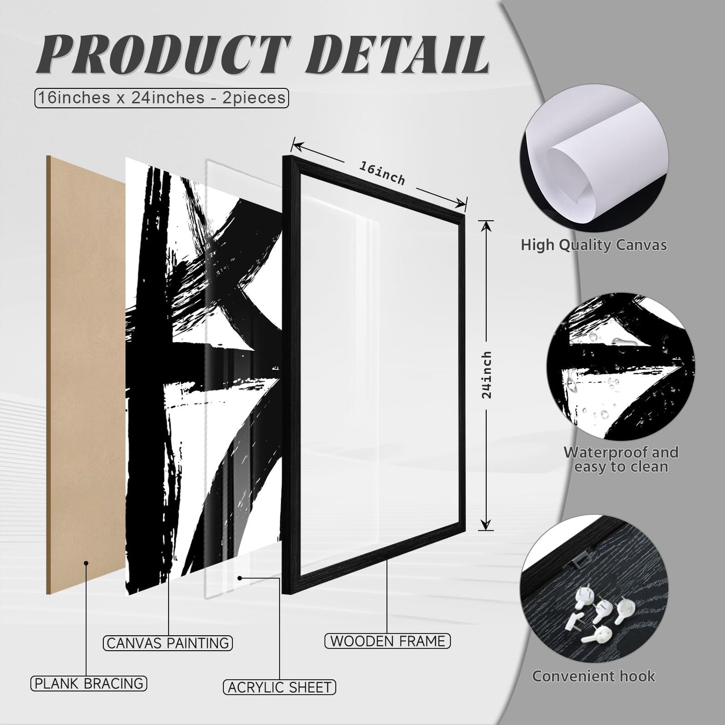 Black and White Wall Art Abstract Modern Painting Minimalist Line Canvas Wall Art Decor Black And White Poster Abstract Artwork Prints for Living Room Bedroom 16x24 Inch Wood Framed Set of 2