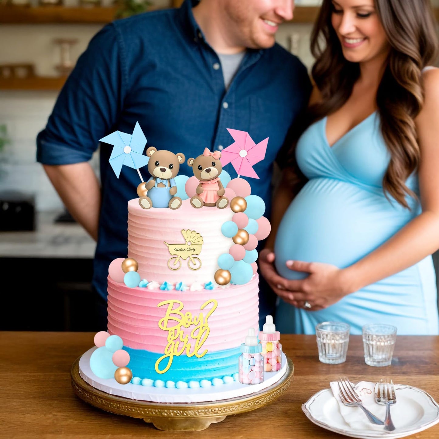 Gender Reveal Cake Toppers, Bear Cake Topper Balls Cake Decorations with Boy or Girl for Gender Reveal Baby Shower Bear Theme Party Supplies