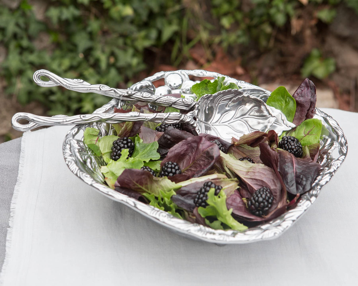 Arthur Court Designs Metal 3-Pc Grape Salad Set Bowl and Server in Grape Pattern Sand Casted in Aluminum with Artisan Quality Hand Polished Design Tarnish-Free 9.5 Inch Diameter