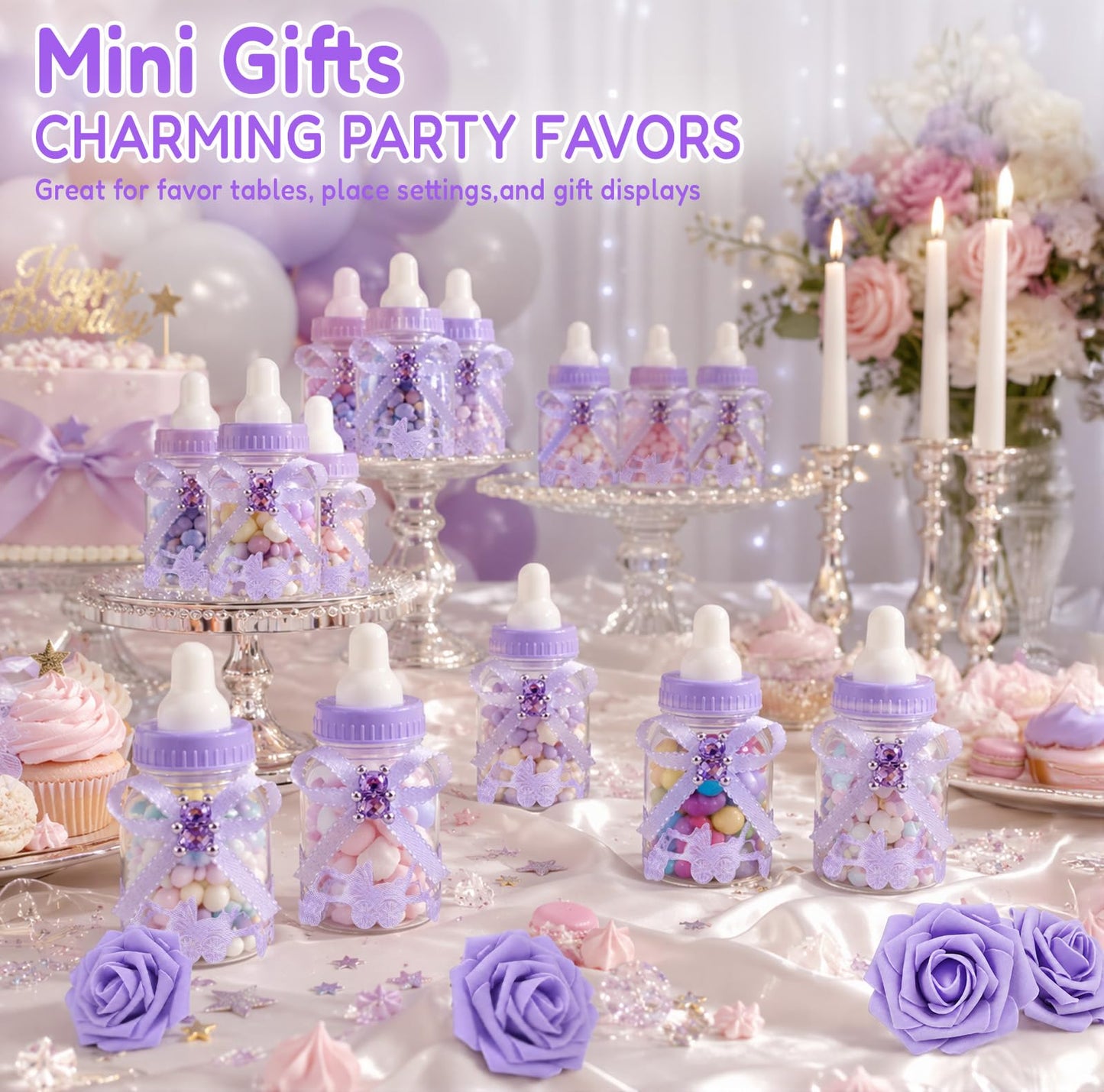 MACTING 2 Dozens 3.5 Inch Feeding Bottle Candy Box with 5Pcs Artificial Flower Rose for Baby Shower Favor Gift Decoration (Purple)