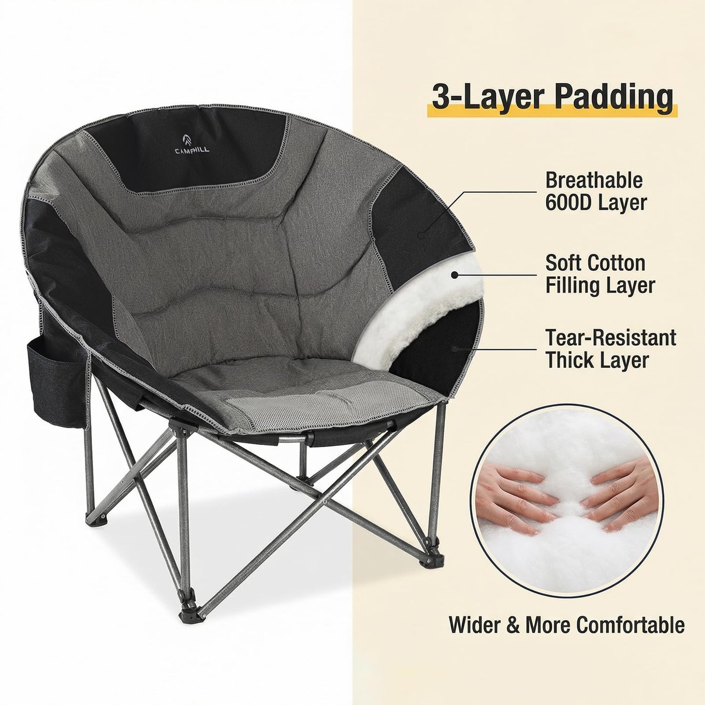 Oversized Camping Moon Chairs,Folding Round Padded Sofa Chair for Adults,Outdoor Lawn Chairs w/Side Pocket,Perfect for Indoor,Family Camping,Picnics and Garden,Black&Grey