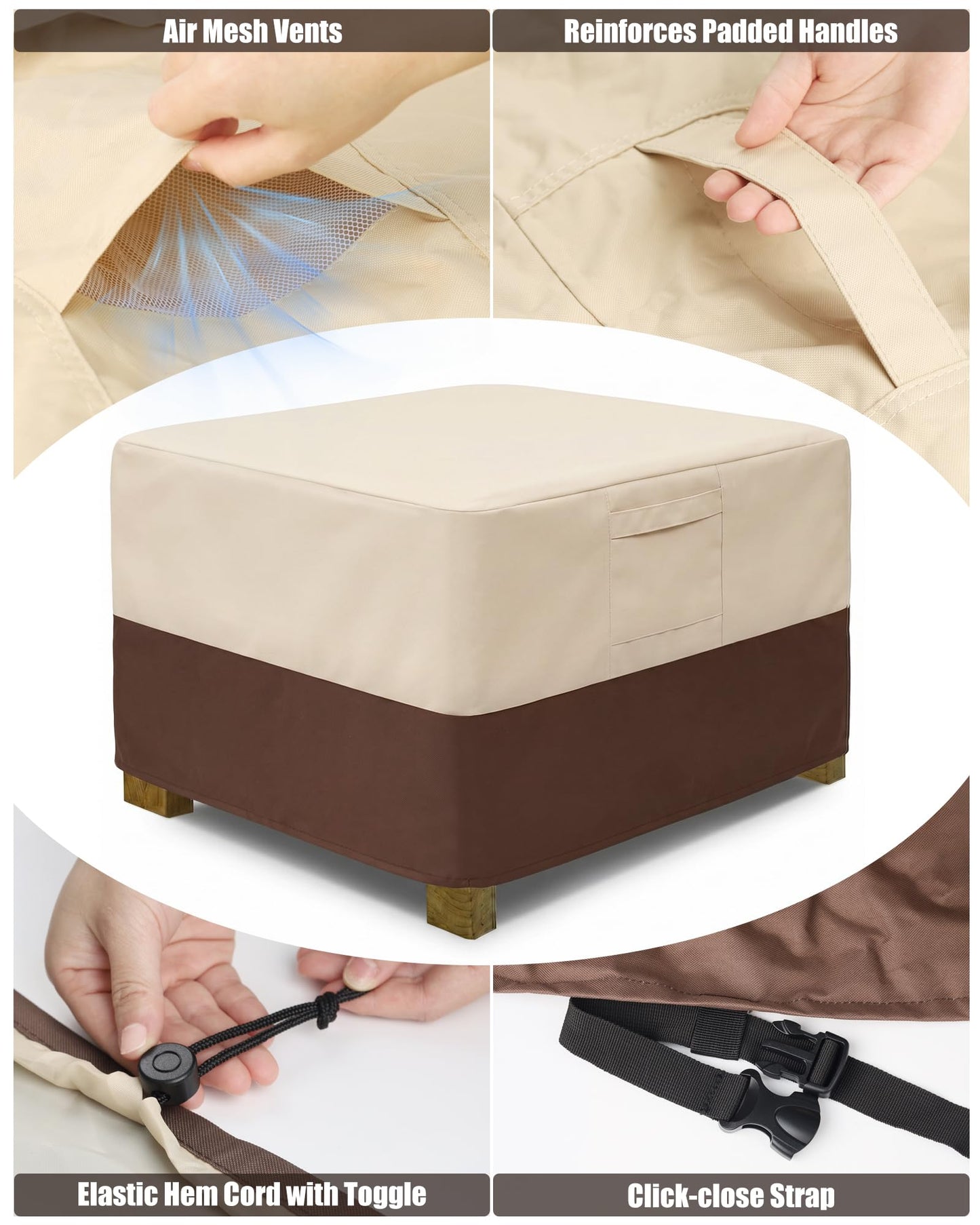 Vailge Rectangle Patio Ottoman Cover, Waterproof Outdoor Ottoman Cover with Padded Handles, Patio Side Table Cover, Heavy Duty Patio Furniture Covers (Small,Beige & Brown)