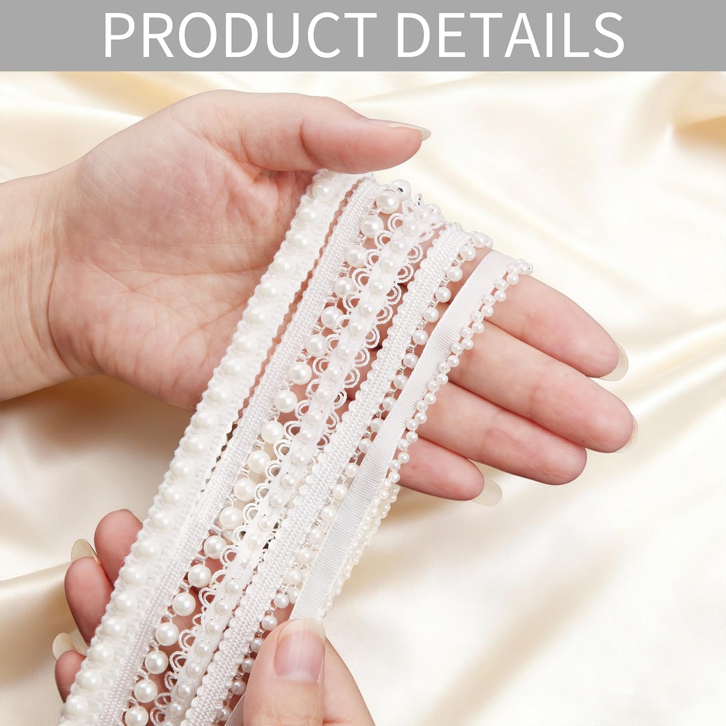 HLTOO 5 Yards Pearls Lace Ribbon Trim, White Beaded Fringe Trim Applique, for Sewing Clothing, Curtains, Wedding Decoration, Bridal Dress, Belt, Headwear, 5 Styles