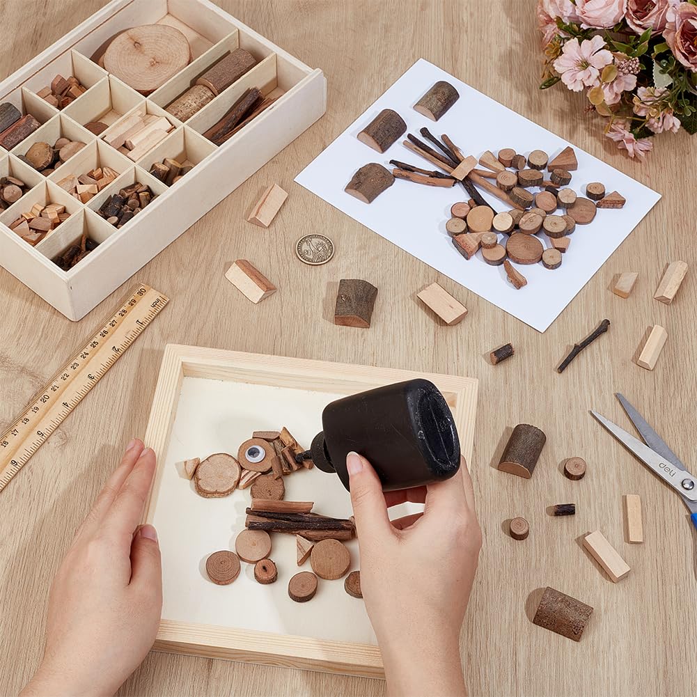 PH PandaHall Wooden Unfinished Craft Kits Natural Wood Slices Wooden Art Paint Bulk Crafts Garden Playset Loose Parts for DIY Painting Building Sorting Activities School Projects, Box 9.7x6.3x1.8 inch