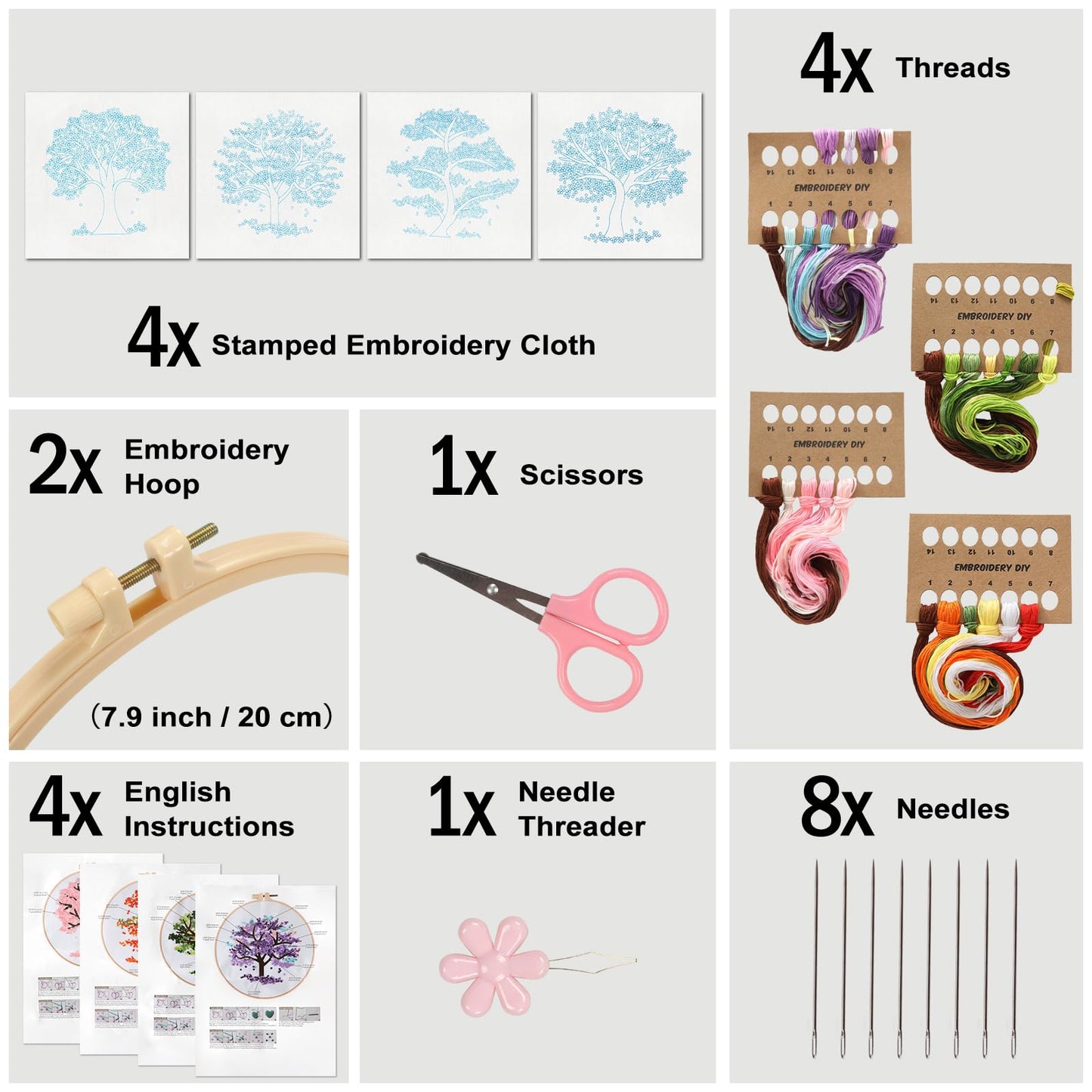 Sivilife Embroidery Starter Kit for Beginners, 4 Sets Stamped Cross Stitch Kits for Adult, Seasonal Tree Pattern Hand DIY Kits with 2 Embroidery Hoop Instructions Color Threads Needles and Scissor