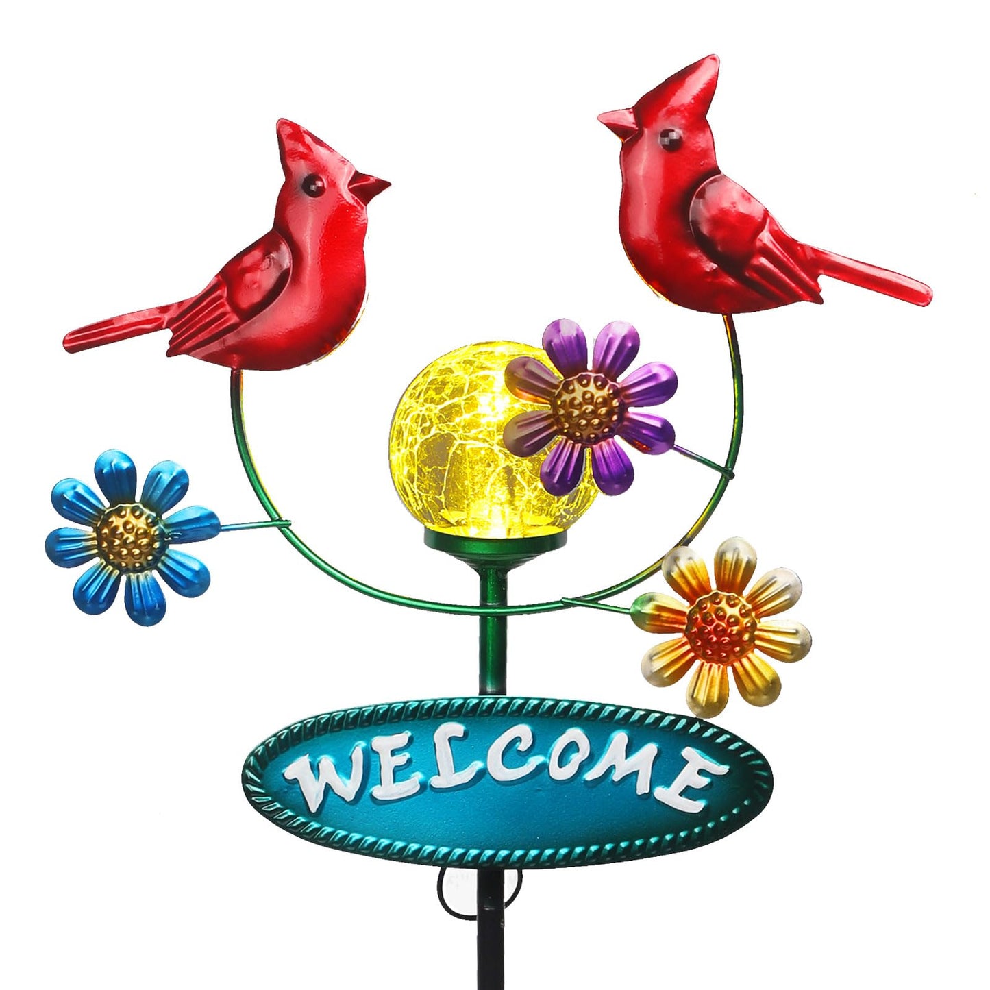 Newinhome Solar Garden Stakes Metal Welcome Signs for Outside 29.5', 2 Flying Cardinals with Cracked Glass Ball,Decorative Garden Stakes for Lawn, Patio, Cardinal Gifts for Women