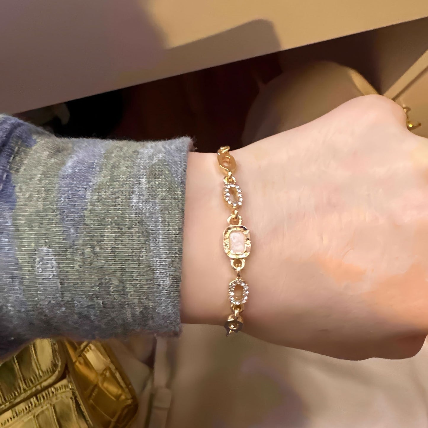 Women's Link Bracelets Dainty Adjustable Bracelets for Women Rhinestone Wedding Jewelry Yellow Gold