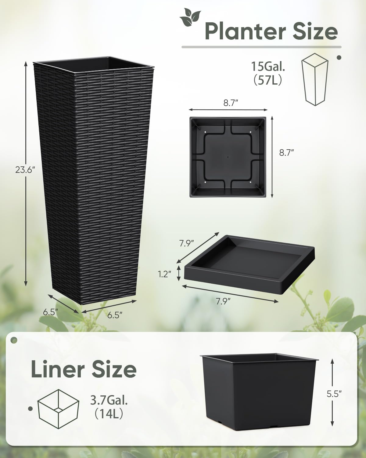 Greesum Set of 2 Tall Plastic Planters with Saucer, 24 Inch Large Pots with Drainage Trays, Weather-Resistant Plastic Plant Containers for Patio, Porch, Garden,Black