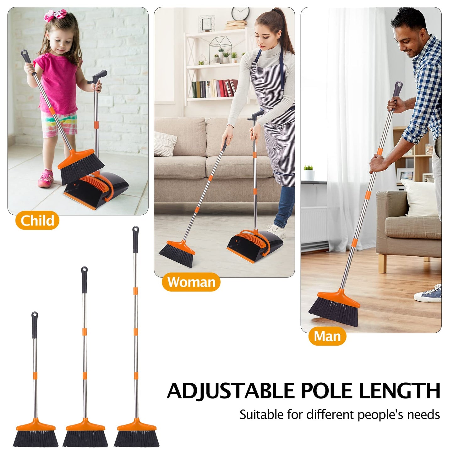 XXFLOWER Broom and Dustpan Set with Long Handle, Light Weight Stainless Steel Poles Stand Upright Dustpans with Broom Combo for Home Kitchen Office Pet Dog Hair, Black & Orange Color, 1-Pack