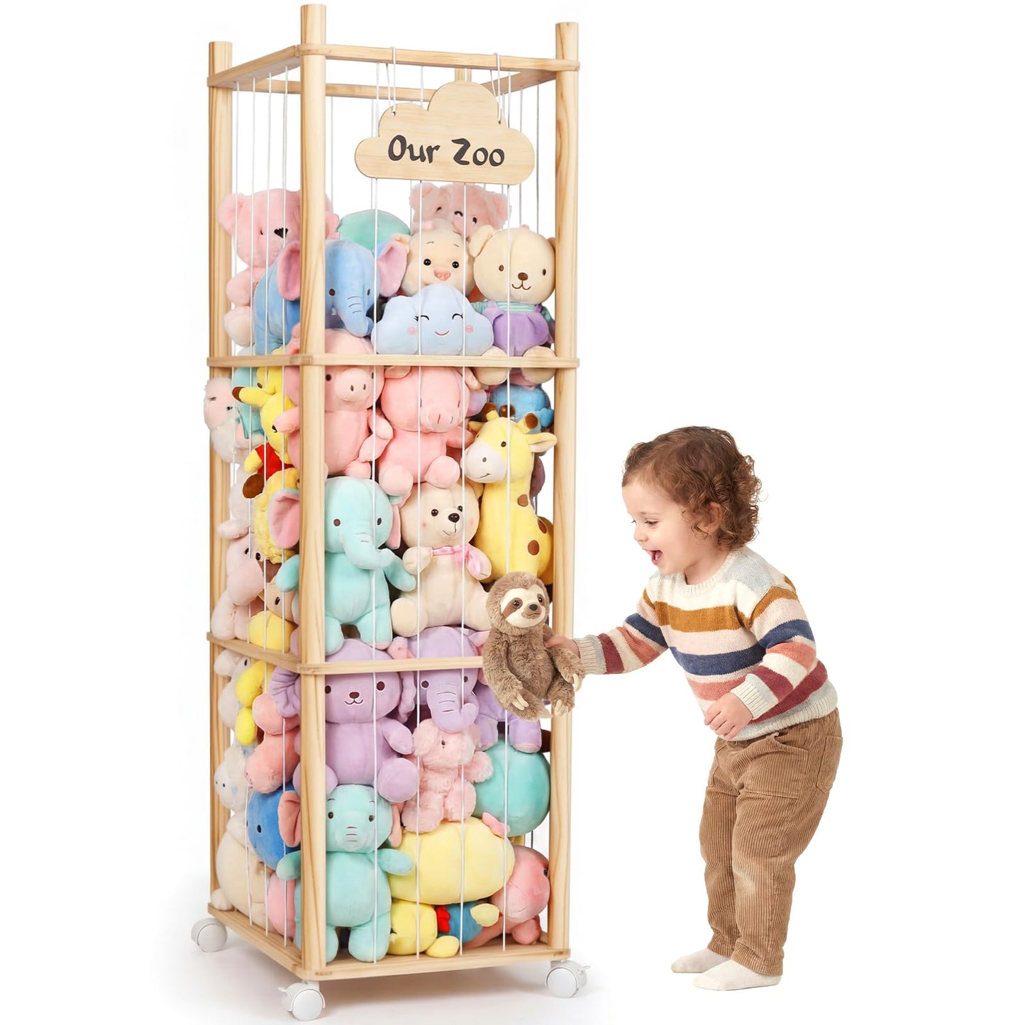 Mallify Stuffed Animal Storage, 54 Inch Wooden Stuffed Animal Zoo with Brake Wheels, Large Capacity Plush Toy Organizer for Nursery Playroom Bedroom