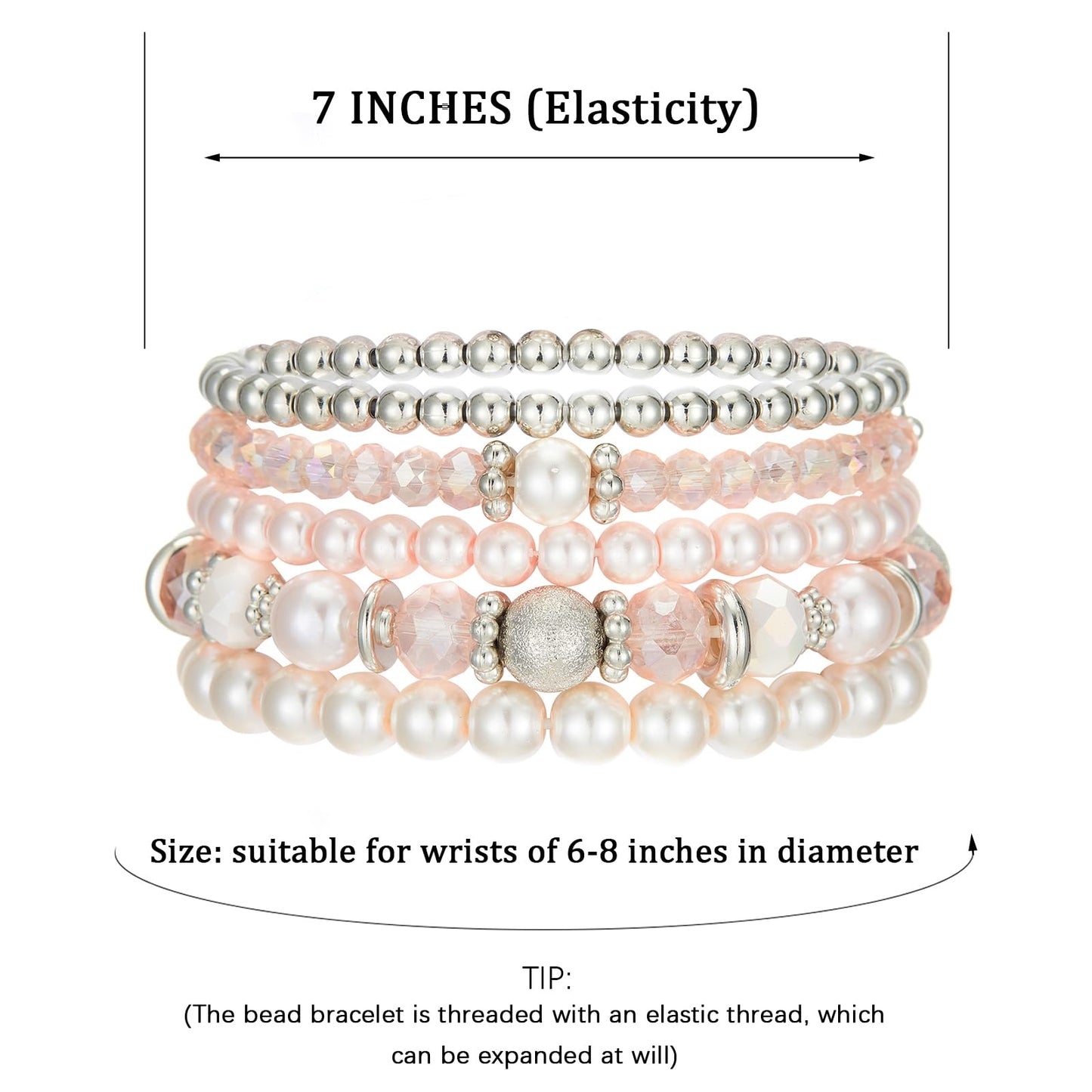 Noessla Beaded Pearl Stretch Bracelet Silver Stackable Crystal Beads Bracelets Trendy Costume Jewelry Mothers Day Gifts for Women(Pink)