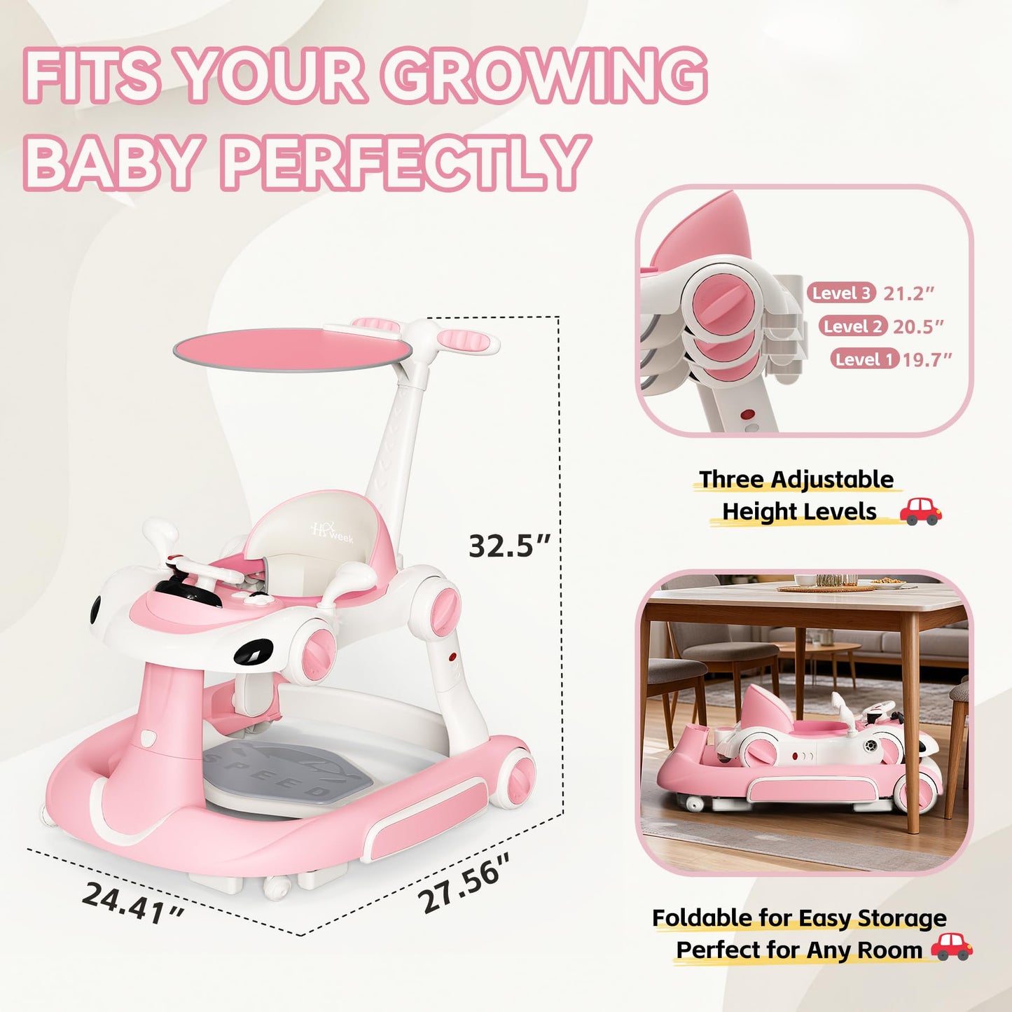 HAWEEK Baby Walker with Wheels, 7-in-1 Foldable Baby Walkers for Boys Girls 6-12 Months with Feeding Tray & Music, Lights,Rocker,Sun Canopy, Bouncing Pedal, Adjustable Wheel Speed, Push Walker (Pink)