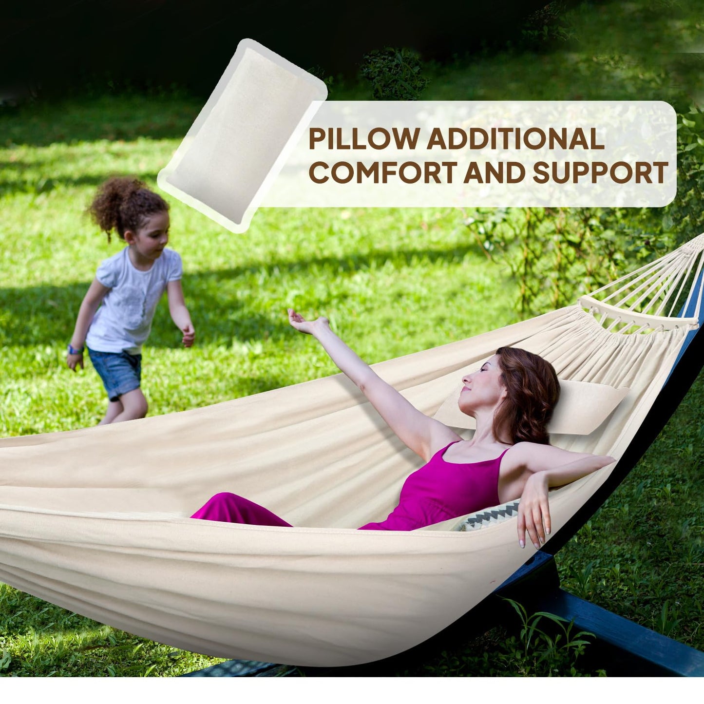 Chihee Cotton Hammock Holds Up to 660lbs Fabric Hammock 8.9x4.9ft Soft Portable Tree Hammocks Camping with Detachable Spreader Bar Pillow 2 Strong Webbings 2 Carabiners Indoor Outdoor Backyard Garden