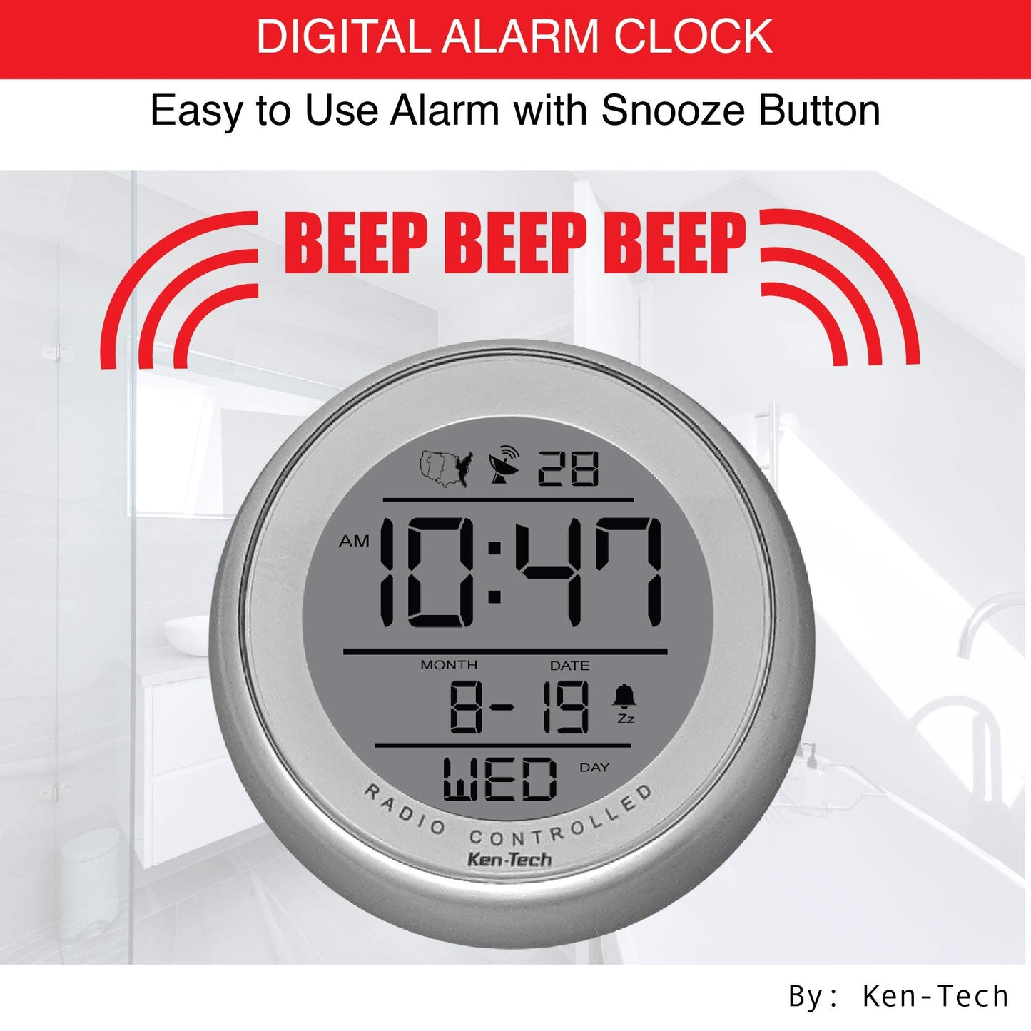 Ken-TECH T-4660 Water Resistant Suction Cup Atomic Clock, Silver