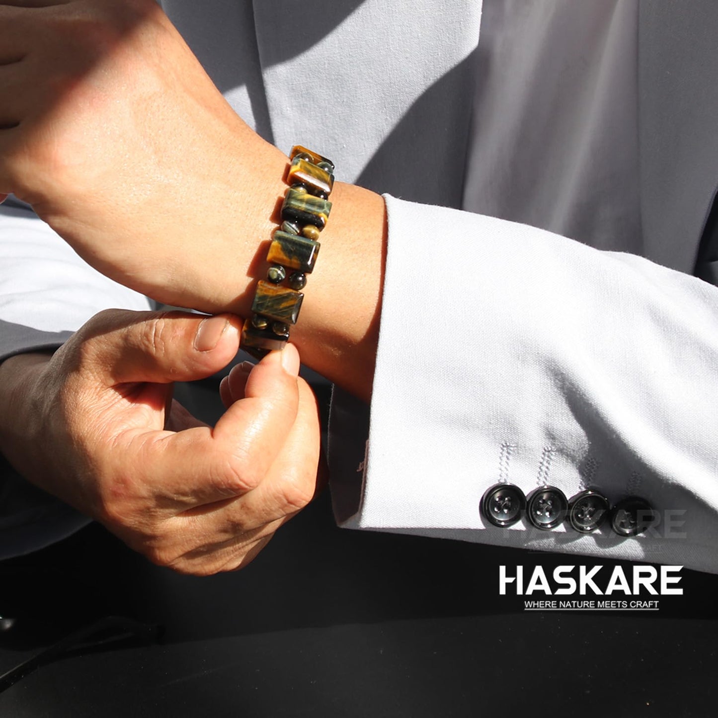 Unique Tiger Eye Bracelet for Men, HASKARE Energy Protection Crystals Golden Blue Tigers Eye Bracelets Handmade Steel Wired Natural Beads Bracelet Adjustable Durable Chain Stone Bracelet Gifts for Him