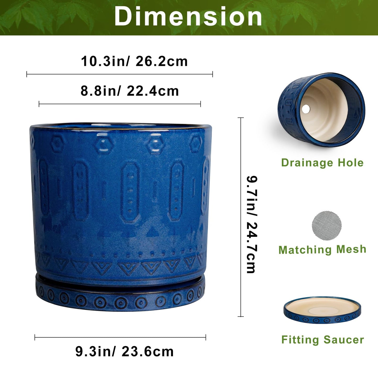 Eightpot 10 Inch Plant Pot - Ceramic Planter Outdoor Plant Pot Indoor with Drainage Holes and Saucer Large Flower Pot Round Decorative Planter for Garden Patio Decor Blue