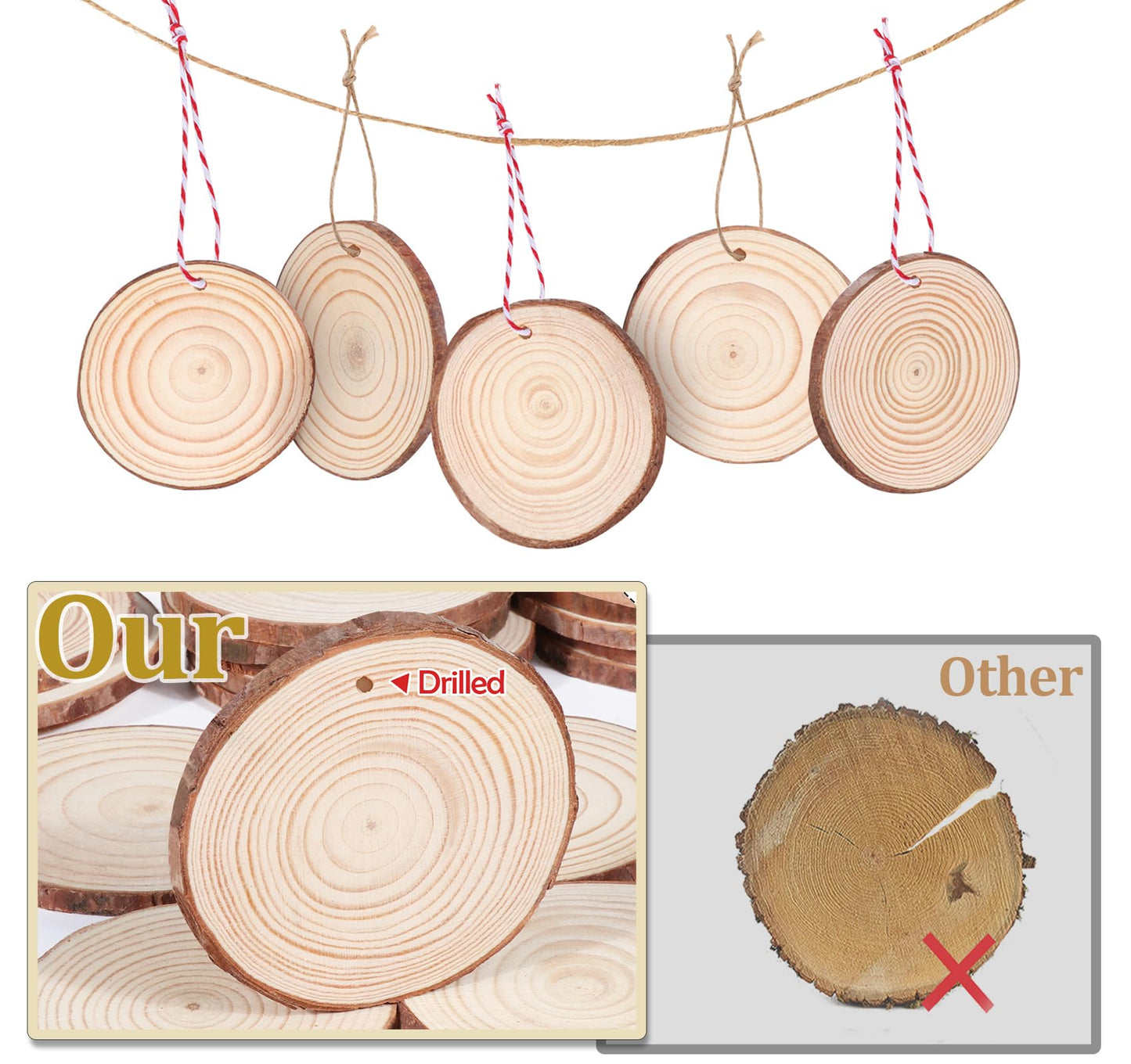 Timburst 60 Pcs Wood Slices, 1.7"-2.1" Pre-Drilled Holes Wood Discs for Crafts, 66 FET Twine String, Wooden Circles for Crafts Burning Painting DIY Crafts Christmas Wedding Party Wedding Decor Party