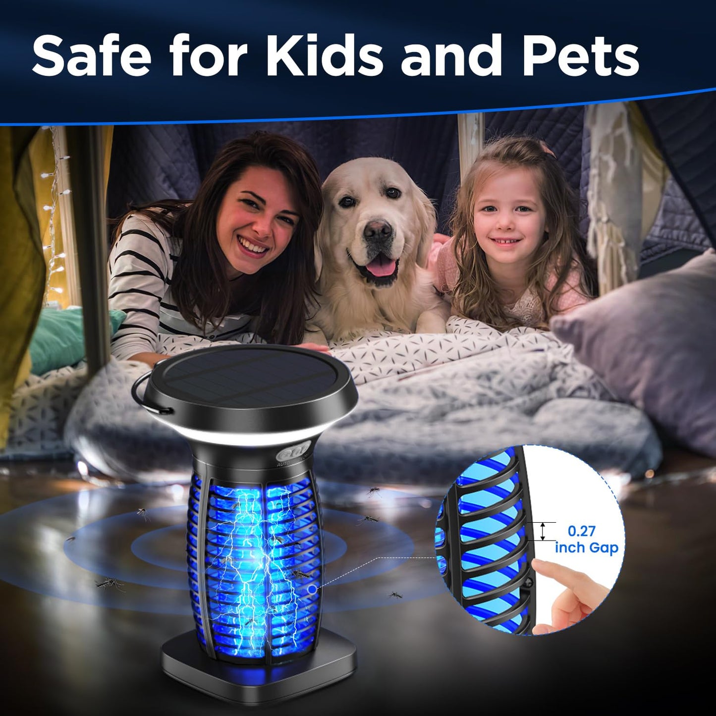 Solar Bug Zapper Outdoor Waterproof, Portable & Rechargeable Bug Zapper with Panel Sensor & LED Night Light Mosquitoes Zapper, Electric Fly Zapper for Home, Patio, Backyard, Camping