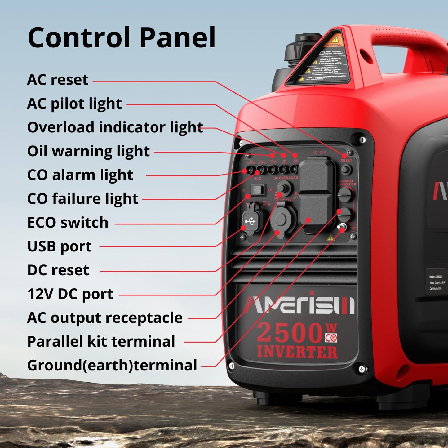 AMERISUN 2500-Watt Gas Powered Portable Inverter Generator for Home Use - Ultral Light for RV and Camping, CO Sensor, Outdoor and Home Backup, Long Run Time