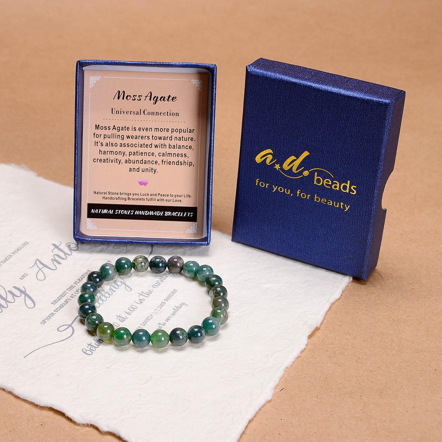 AD Beads Handmade Gemstone Stretch Elastic Bracelet Crystal Healing Reiki Nature's Beauty and Spiritual Essence Unisex (4mm, Moss Agate (Universal Connection))