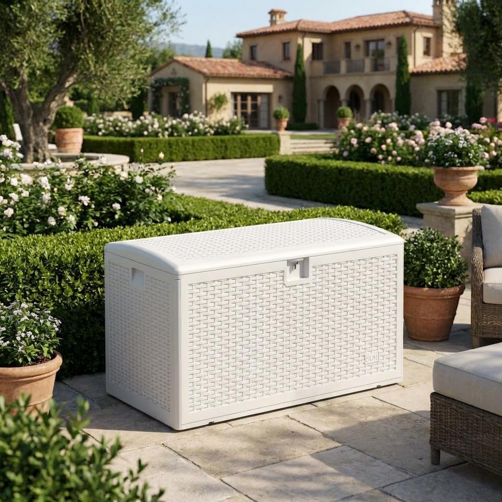 Garvee 99 Gallon Waterproof Large Resin Deck Box Indoor Outdoor, Lockable Storage Container for Patio Furniture Tools, Waterproof Deck Box Patio Storage Bin for Pool Garden, White