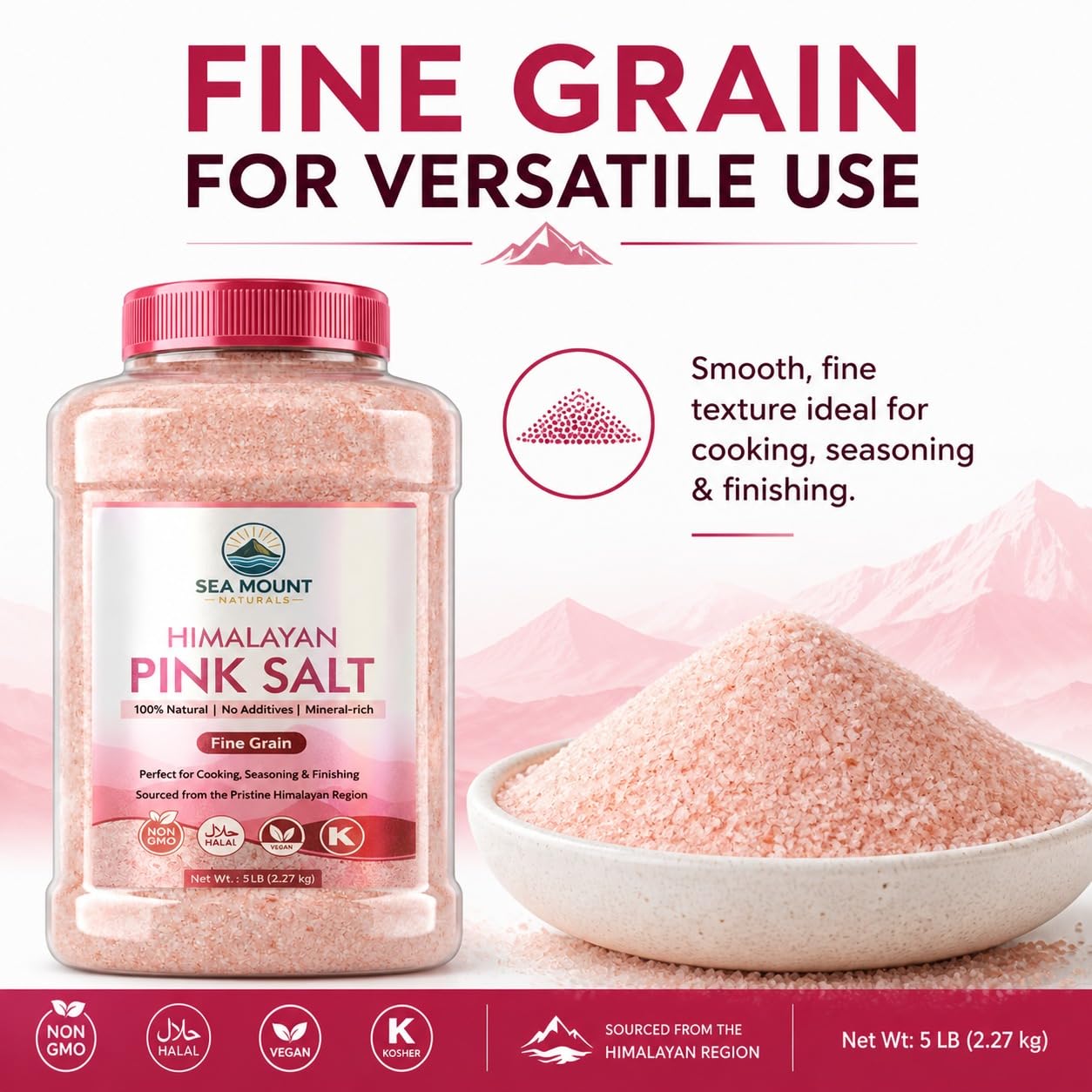 Himalayan Pink Salt Fine Grain 80oz (5 Pound), Kosher Certified, Non-GMO, Pure Mineral-Rich Pink Himalayan Sea Salt, For Cooking, Seasoning, Baking & Table Salt - Sea Mount Naturals