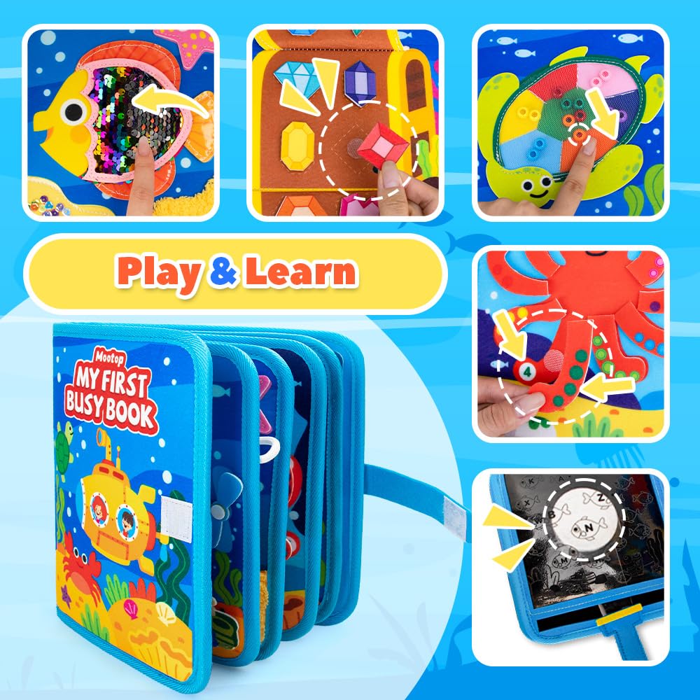 Mootop Busy Book for Toddlers, Busy Board Felt Quiet Book for Baby Sensory Board Learning Activities Travel Toys for Fine Motor Skills, Quiet Book with Life Skills, Cognition, Sorting, Matching