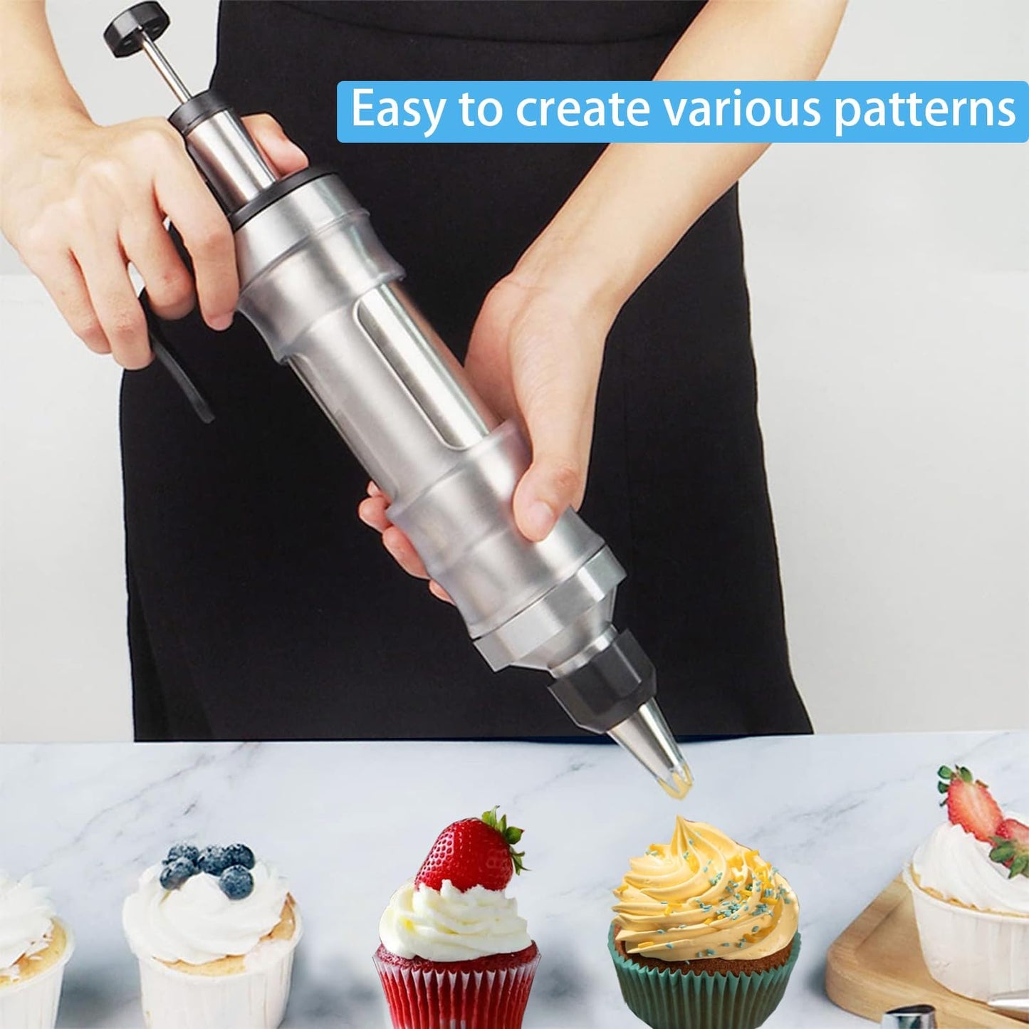Dessert Decorating Syringe Set, Icing Piping Kit Stainless Steels Cake Decorating Tools 30 Piping Icing Nozzles Cupcake Decorating Kit - Black