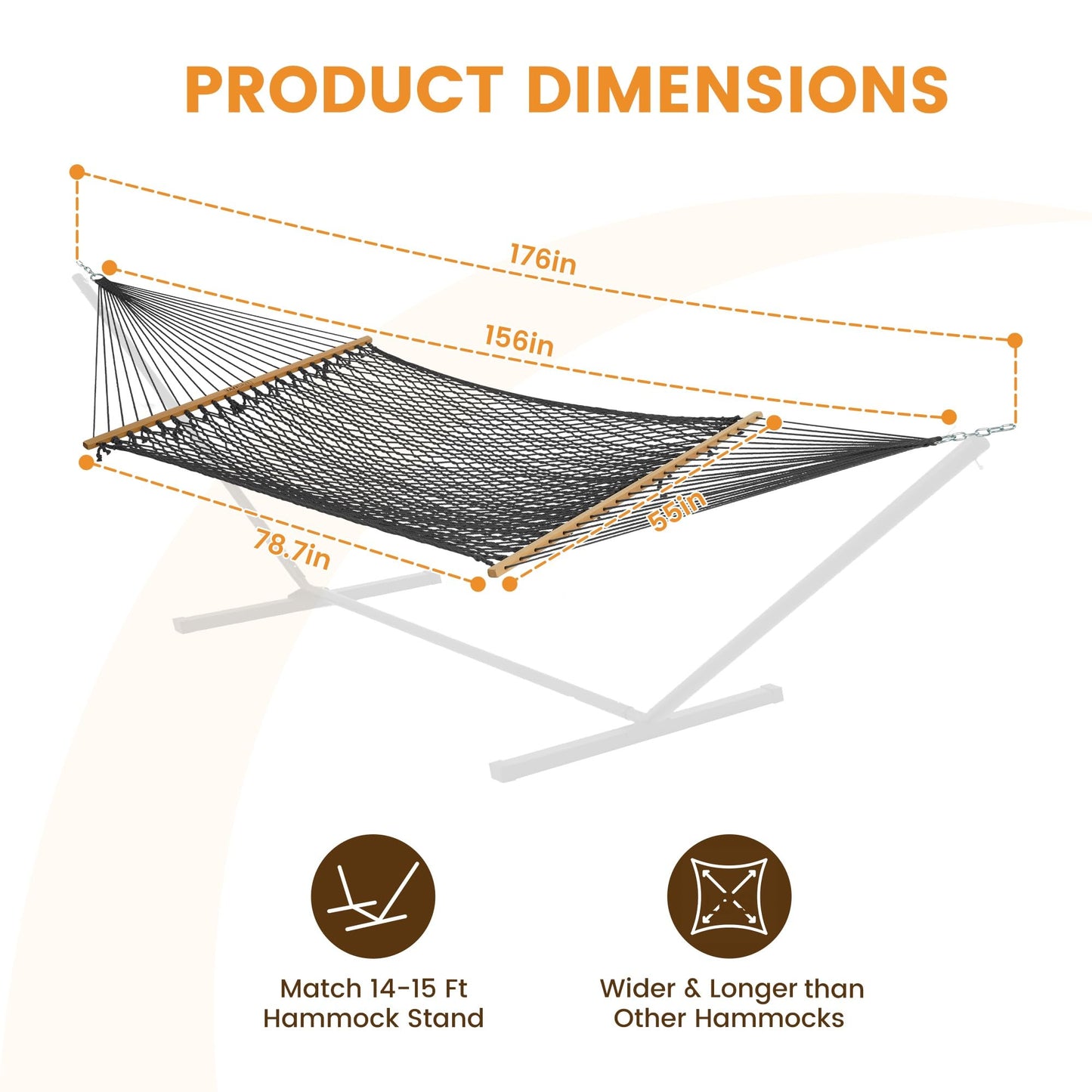 Lazy Daze Hammocks 13-FT Polyester Rope Hammock, Double 2 Person Traditional Hand Woven Outdoor Hammock with Spreader Bar, Carabiners, Tree Straps, Chains for Outside Patio- Max 450 Lbs, Grey