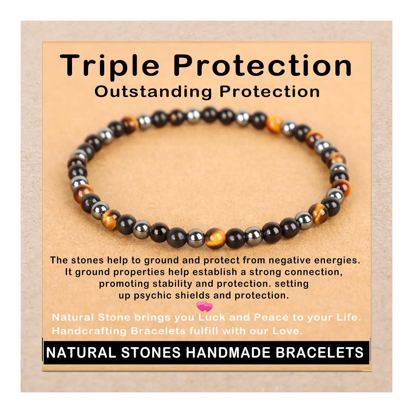 AD Beads Handmade Gemstone Stretch Elastic Bracelet Crystal Healing Reiki Nature's Beauty and Spiritual Essence Unisex (4mm, Triple Protection (Strong Protect))