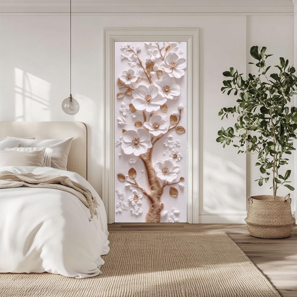 arricraft 2 Pcs Self-Adhesive Door Sticker, 31.5"x78.7" 3D Flower and Golden Branch Door Murals Stickers PVC Removable Wallpaper Decoration for Bedrooms Living Room