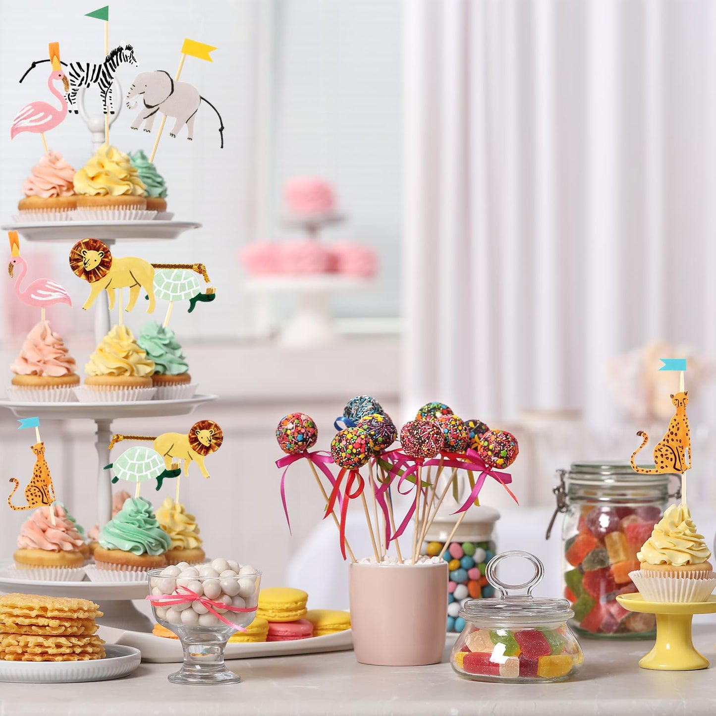 Reallnaive 36 Set Safari Cupcake Toppers Animals Cupcake Kit Safari Woodland Jungle Party Supplies for Jungle Theme Baby Shower Zoo Wild Animal Birthday