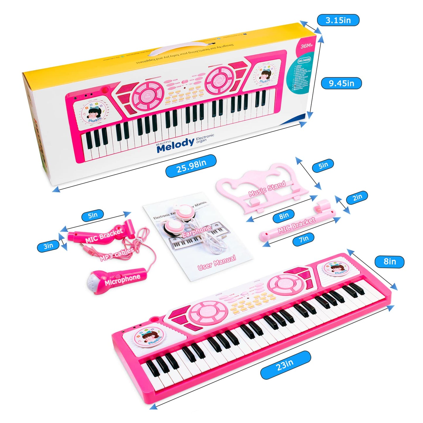 24 Keys Pink Piano Toy with Microphone and 49 Keys Keyboard Toy Piano for 2 Years Old Girls Gift