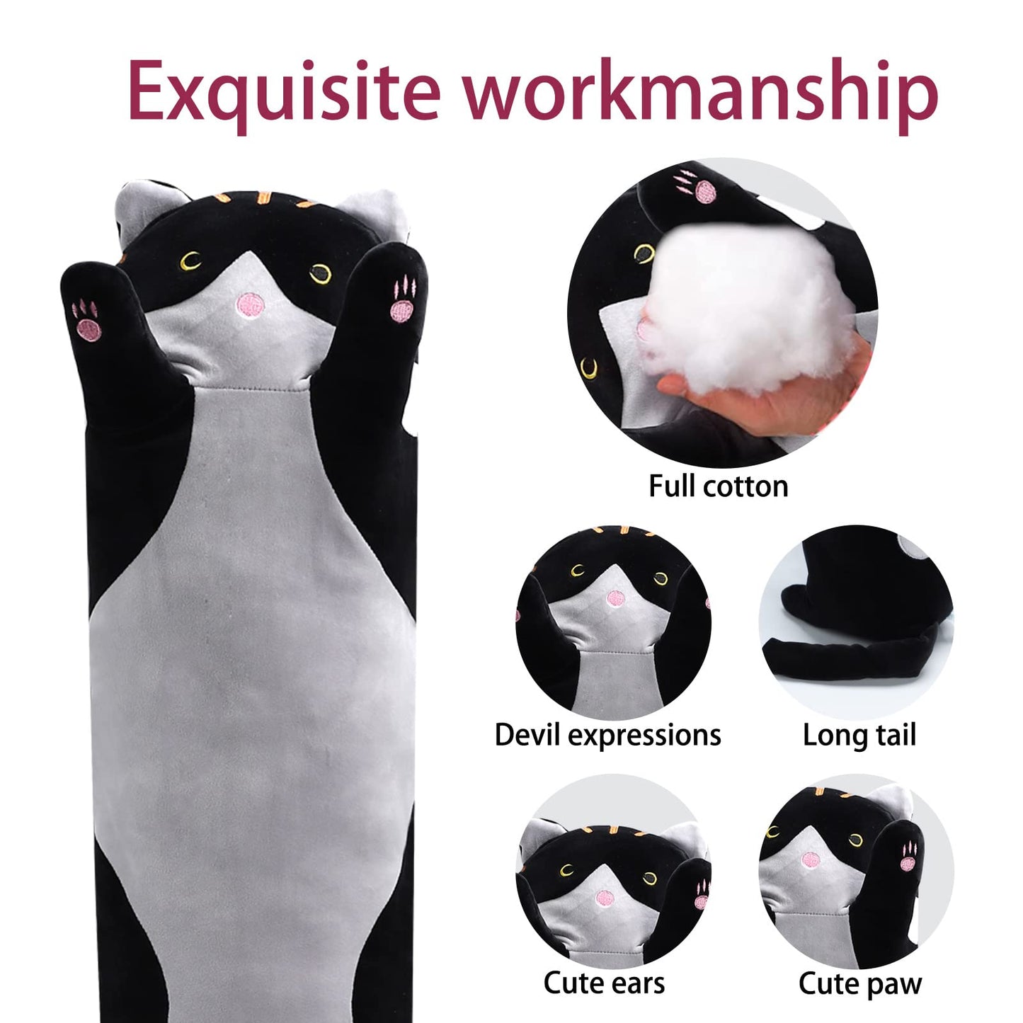 shangman Lovely Plush Cat Doll Cute Cartoon Soft Stuffed Kitten Pillow Long Throw Sleeping Pillow Doll Toy Valentines Day Gift for Kids Girlfriend (Black, 130cm/51.1in)