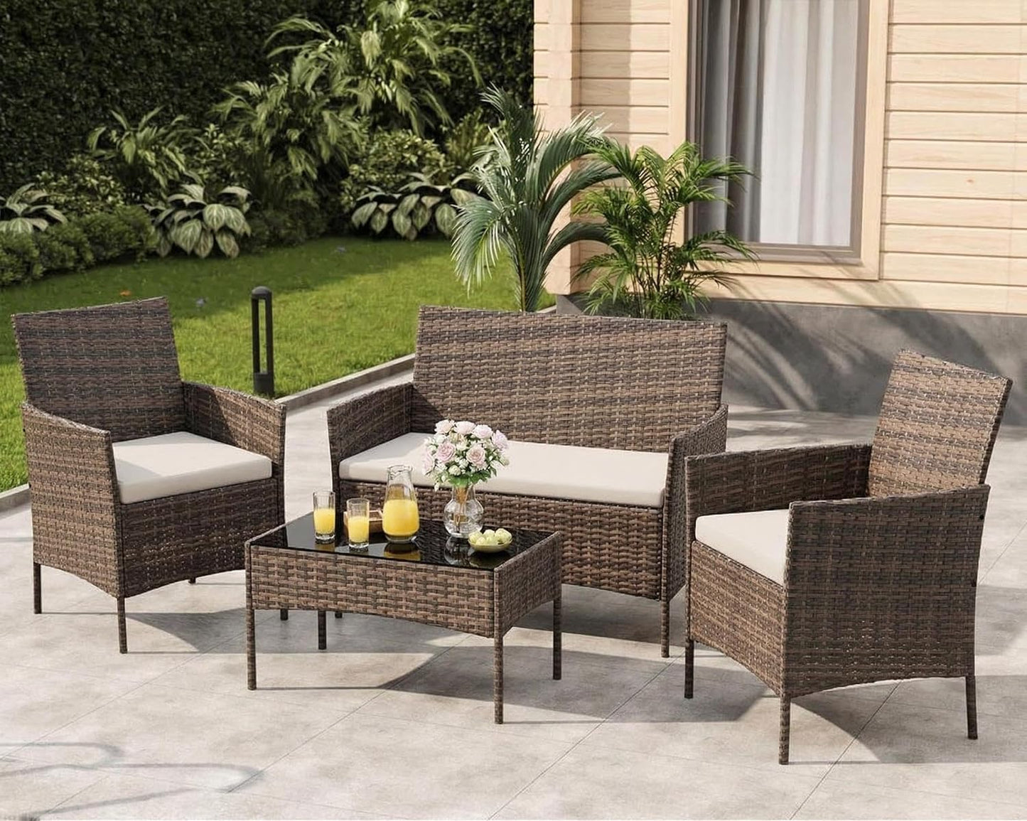 MilleLoom 4-Piece Outdoor Furniture Set, PE Rattan Wicker Chairs with Soft Cushions & Tempered Glass Coffee Table - All-Weather Patio Set for Garden, Backyard, Porch, Poolside (Gradient Brown/Beige)