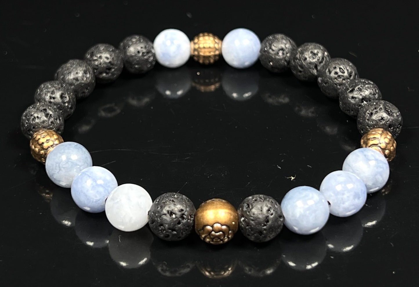 AWAKEN YOUR KUNDALINI Lava Rock & Aquamarine Stretch Bracelet – 8mm Beads, Copper Spacers
