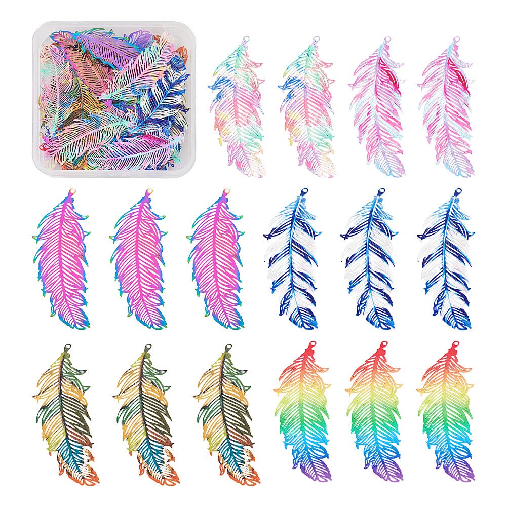 FASHEWELRY 48Pcs Stainless Steel Rainbow Feather Charms Metal Wings Earring Connector Charms Filigree Metal Embellishments for Jewelry Making DIY Bracelet Necklace