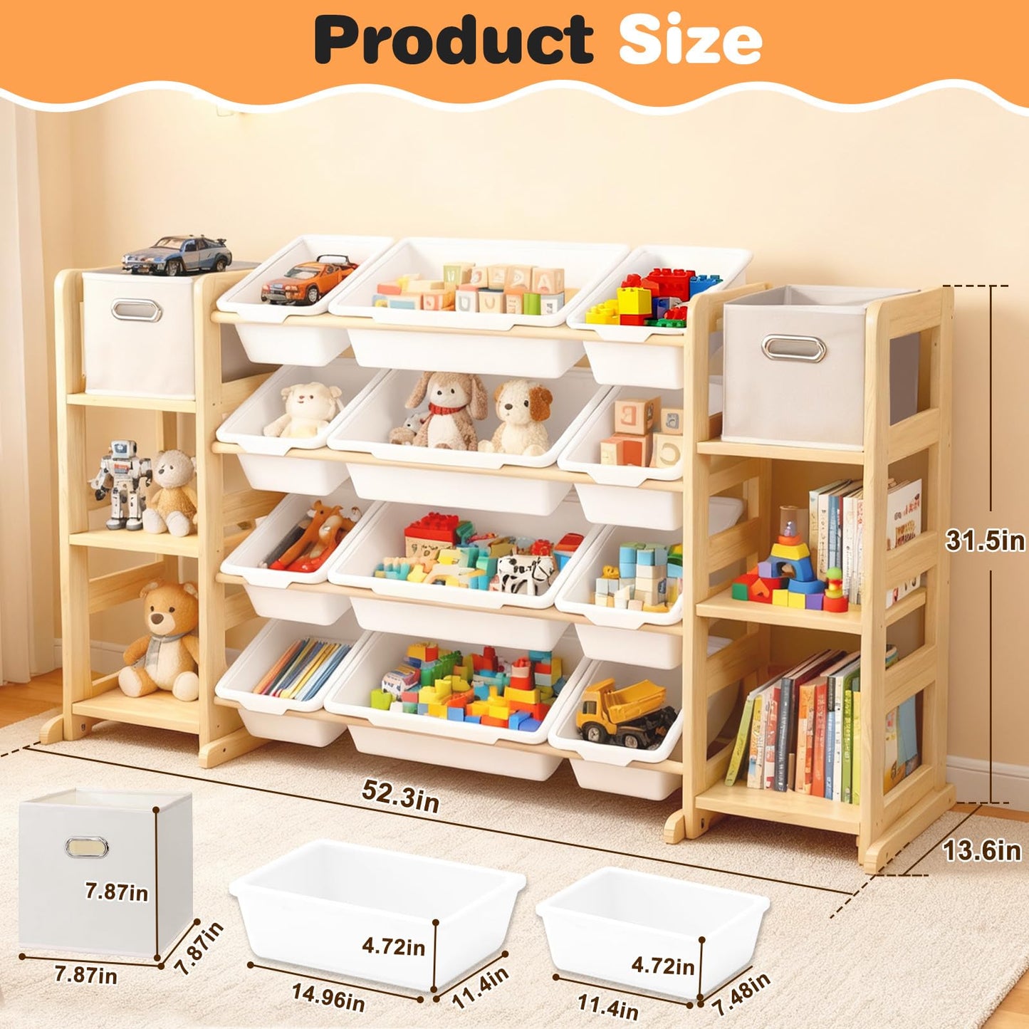 MICZG Extra Large Toy Storage Organizer for Kids - 3-in-1 Wooden Bookshelf with 6 Shelves, 12 Bins + Free 2 Storage Boxes, Anti-Tip for Playroom/Nursery
