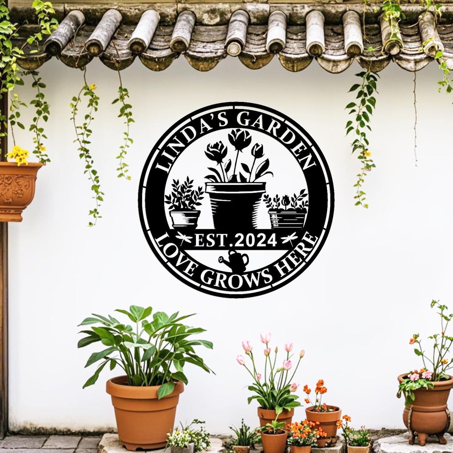 Custom Garden Flowers Pot Metal Sign,Personalized Name Sign Garden Wall Art Decor,Garden Plaque Decor,Garden Signs with Name and Date, Metal Sign for Home Wall Hanging Outdoor Decorate Garden